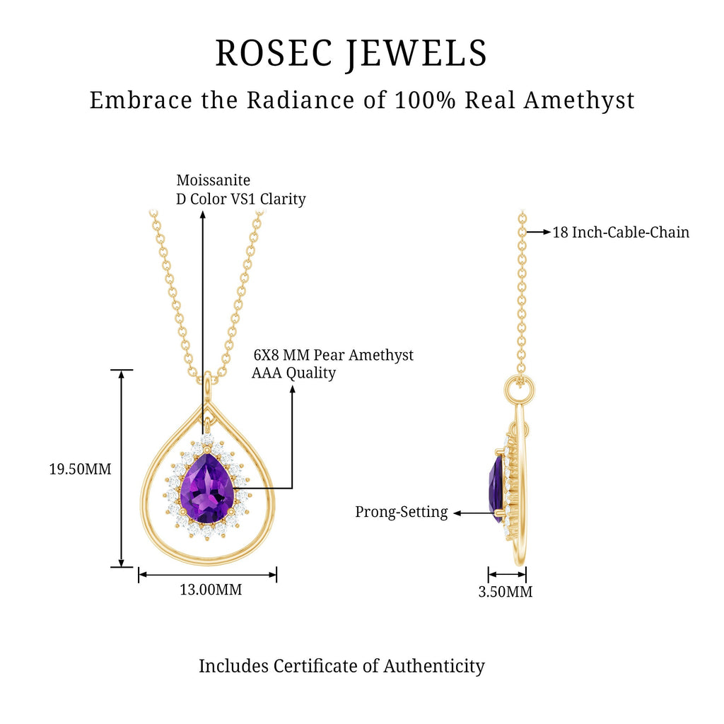 1 Carat Amethyst Teardrop Necklace with Moissanite Halo