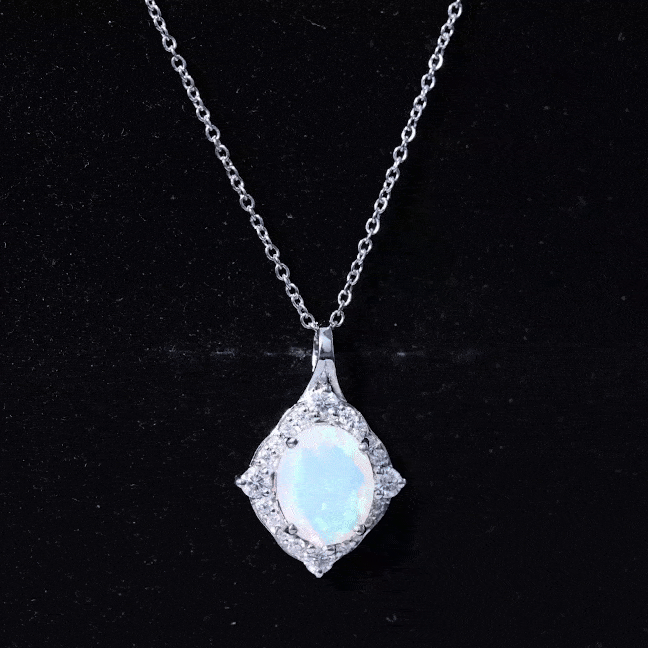 1.3 Carat Oval Cut Rainbow Opal Art Deco Necklace with Moissanite Halo