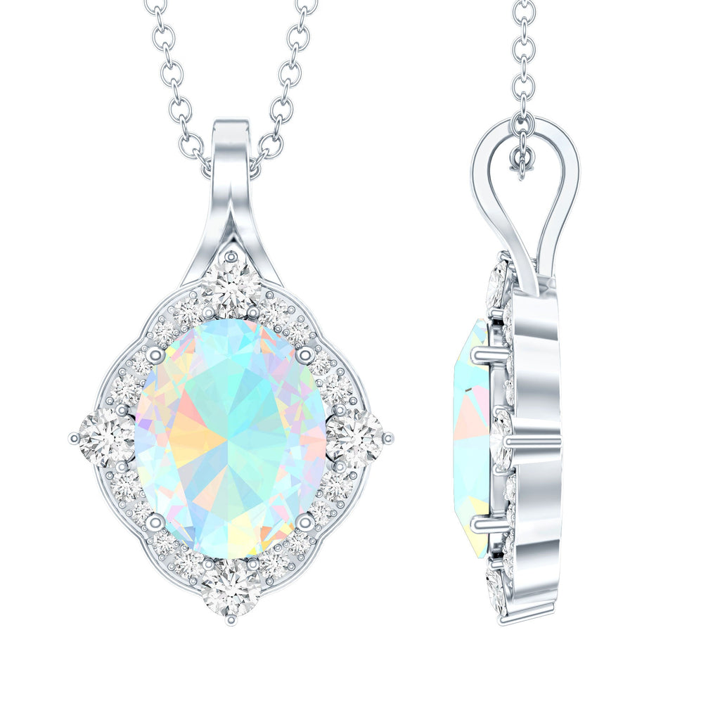 1.3 Carat Oval Cut Rainbow Opal Art Deco Necklace with Moissanite Halo