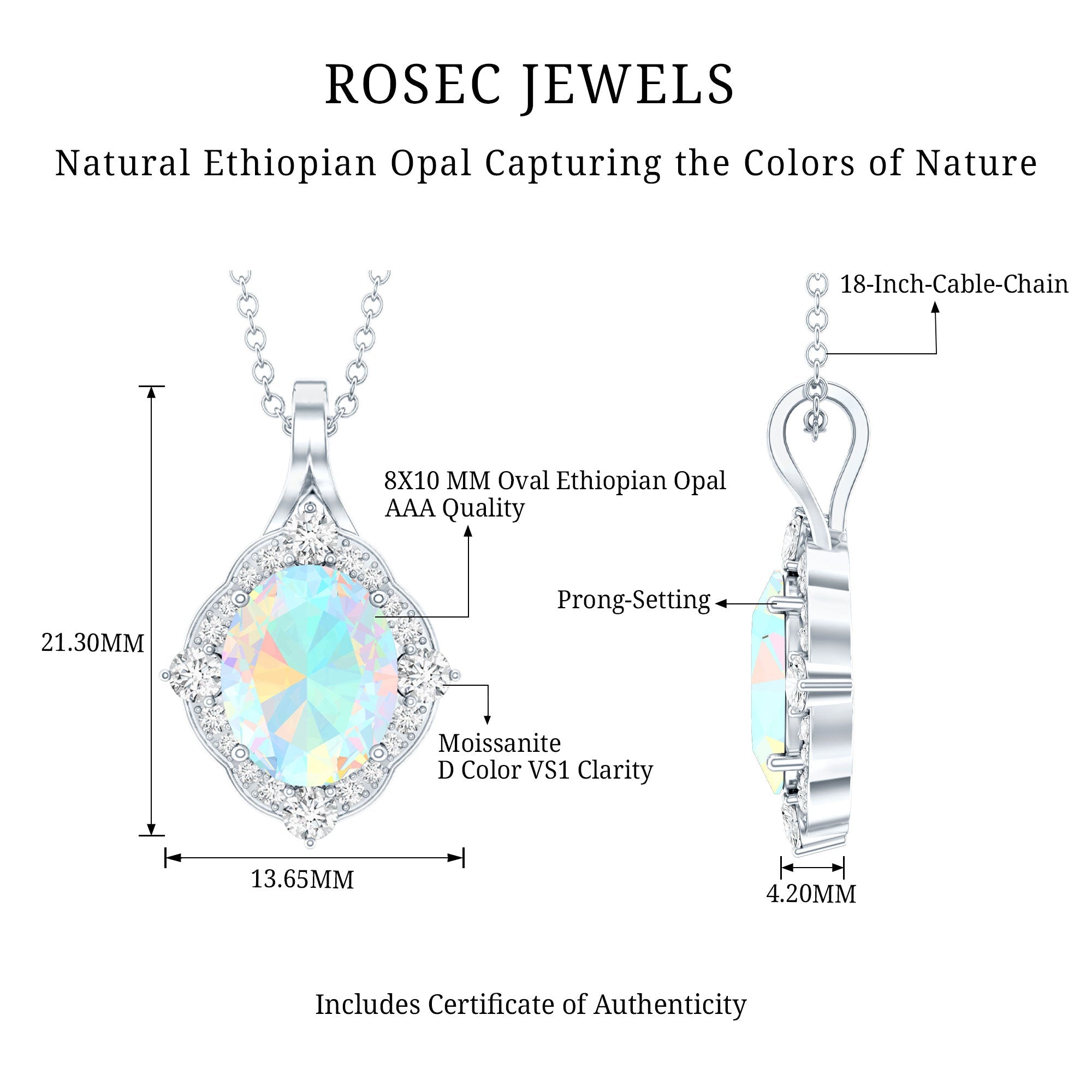 1.3 Carat Oval Cut Rainbow Opal Art Deco Necklace with Moissanite Halo
