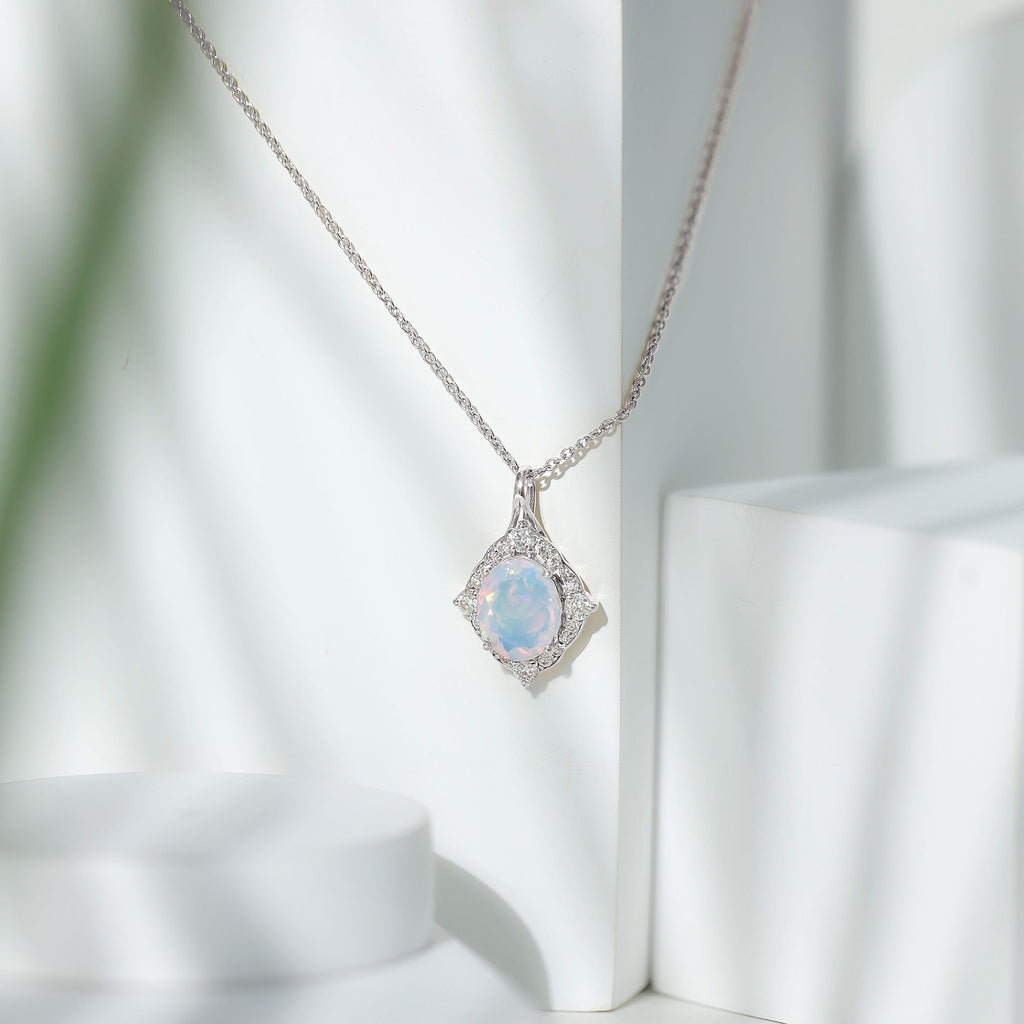 1.3 Carat Oval Cut Rainbow Opal Art Deco Necklace with Moissanite Halo