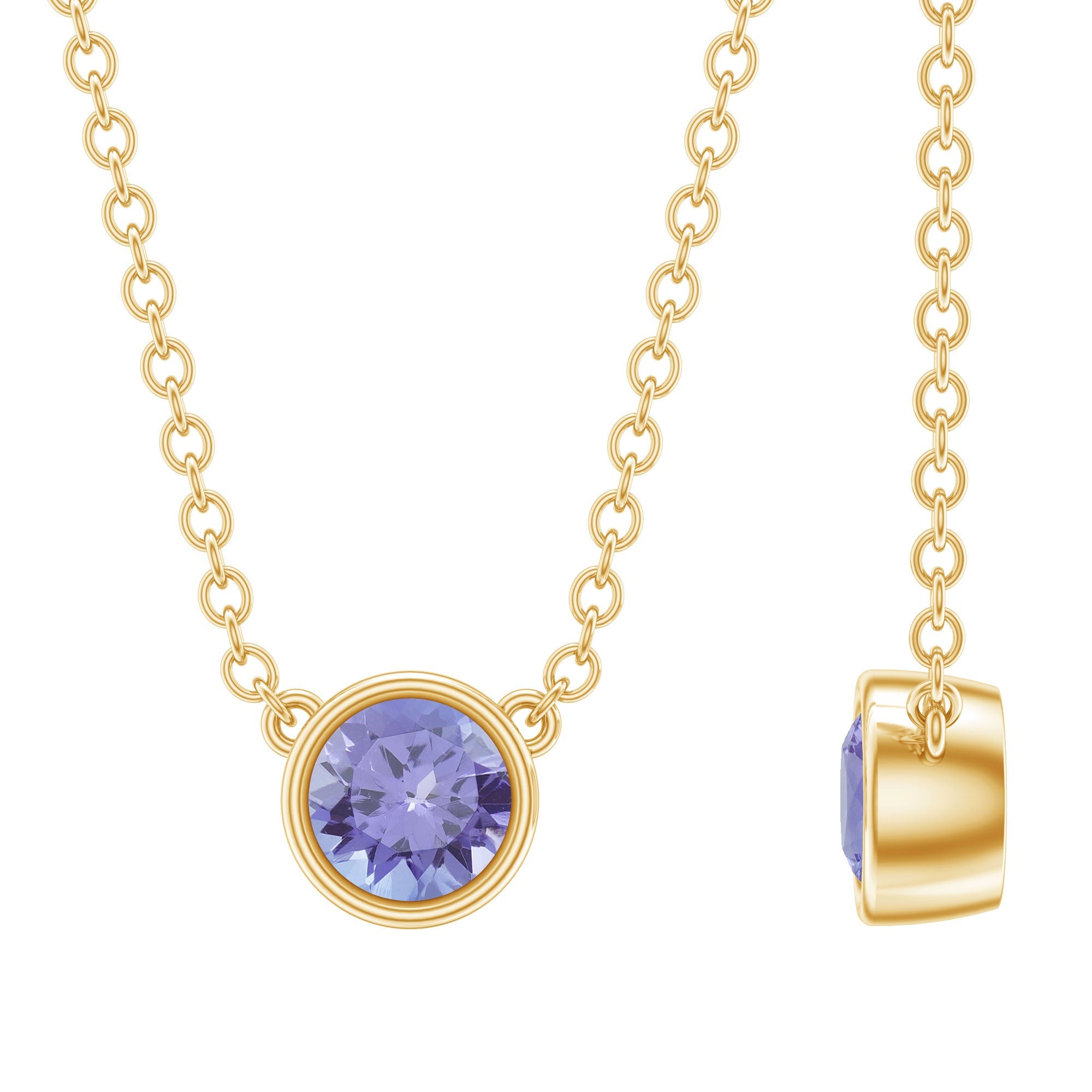 Tanzanite Solitaire Necklace - AAA Quality Blue Round Cut Stone in Bezel Setting