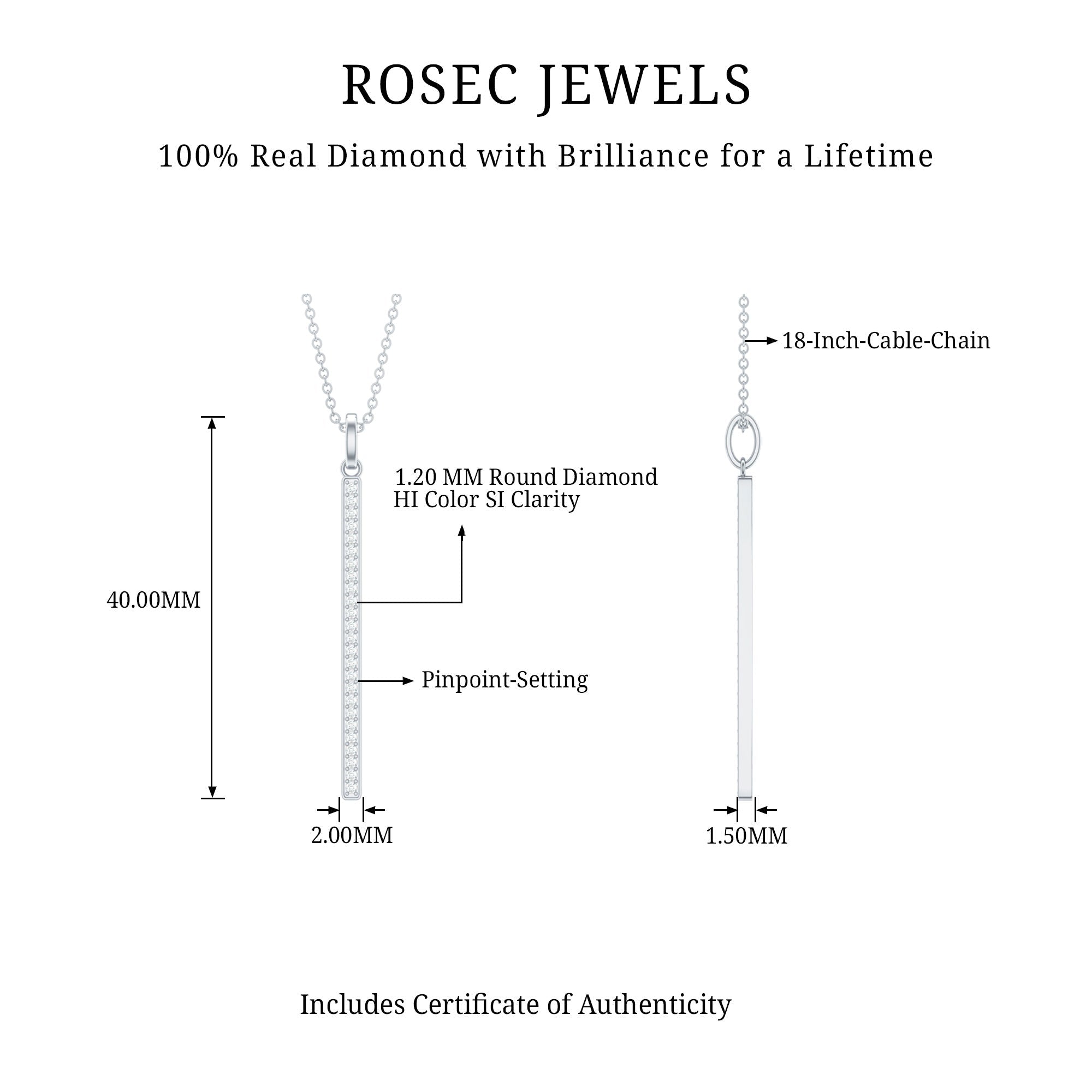 Diamond Bar Necklace – Round Cut Diamond Pendant, Minimalist Vertical Jewelry