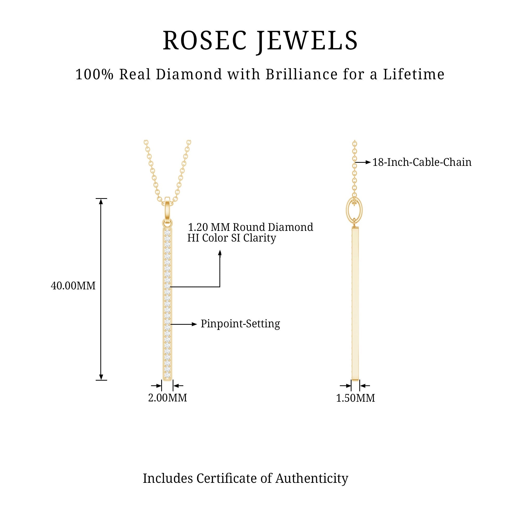 Diamond Bar Necklace – Round Cut Diamond Pendant, Minimalist Vertical Jewelry