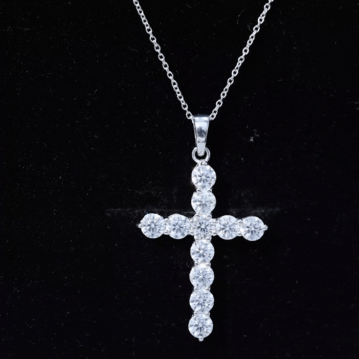 Moissanite Cross Pendant | Round Moissanite Stone - Prong Setting Necklace