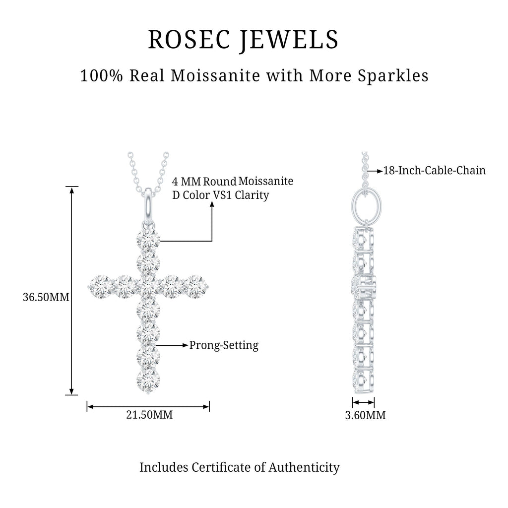 Moissanite Cross Pendant | Round Moissanite Stone - Prong Setting Necklace