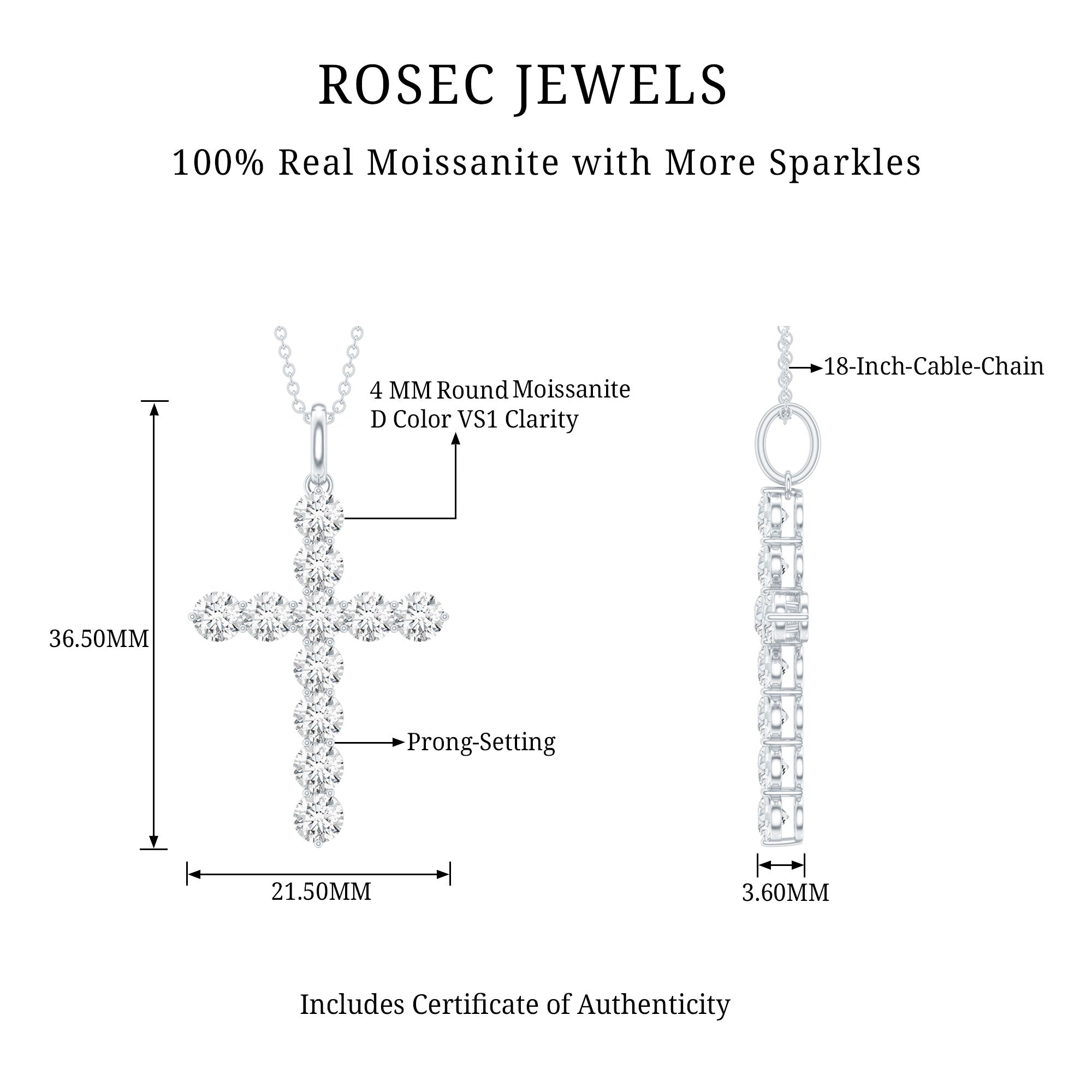 Moissanite Cross Pendant | Round Moissanite Stone - Prong Setting Necklace