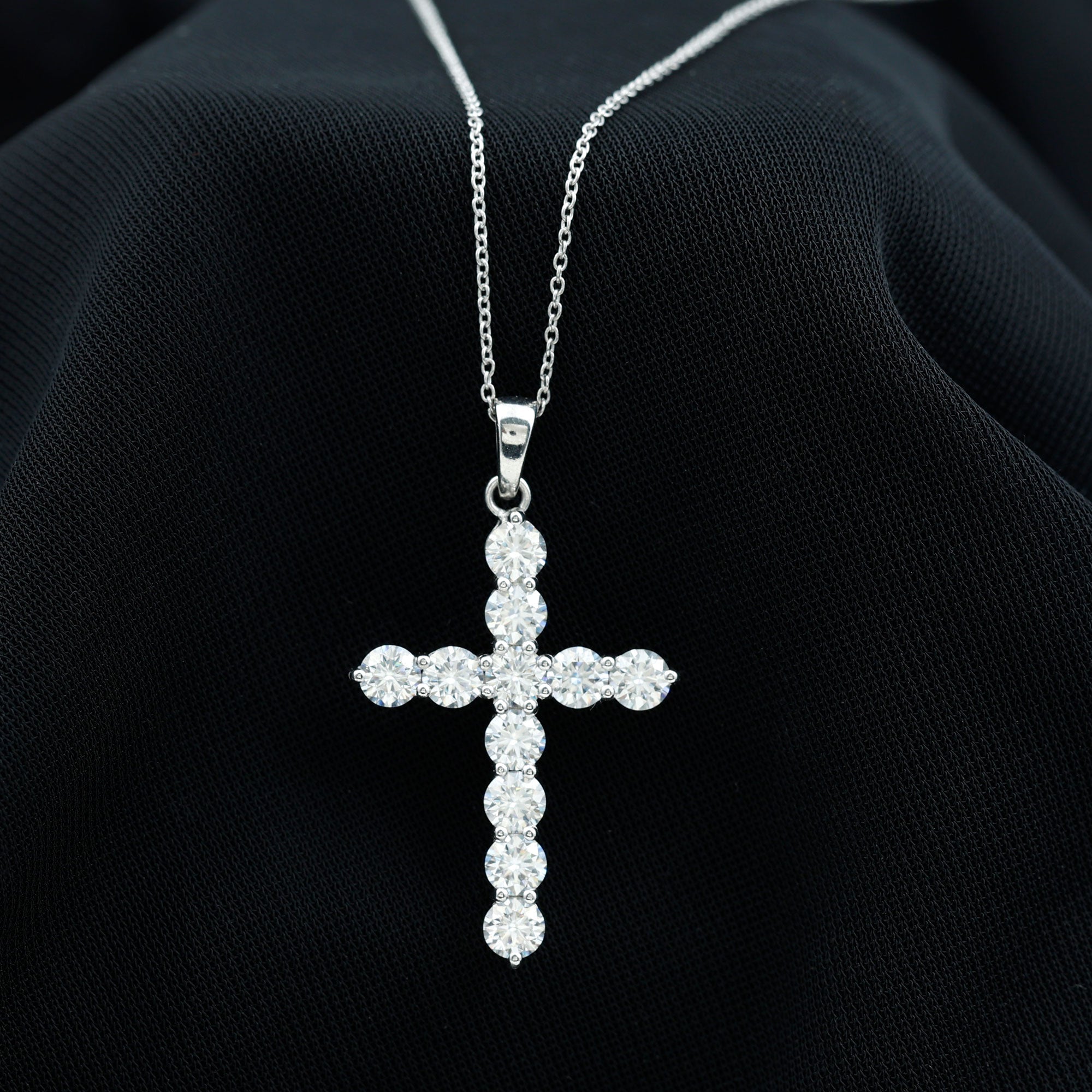 Moissanite Cross Pendant | Round Moissanite Stone - Prong Setting Necklace