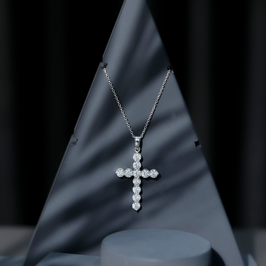 Moissanite Cross Pendant | Round Moissanite Stone - Prong Setting Necklace