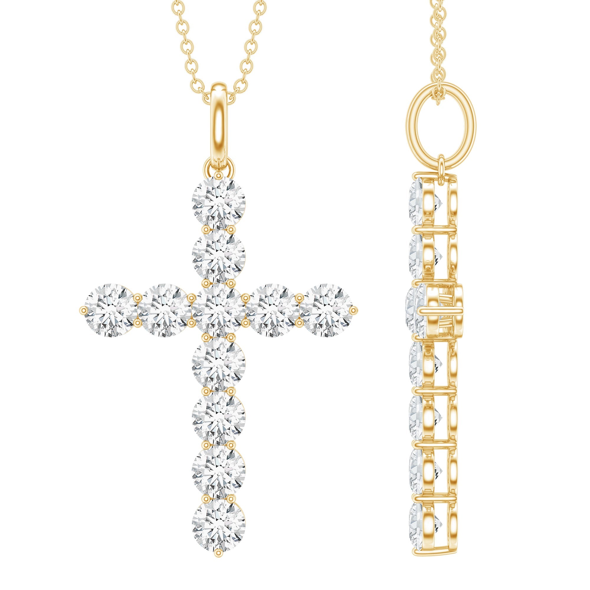 Moissanite Cross Pendant | Round Moissanite Stone - Prong Setting Necklace
