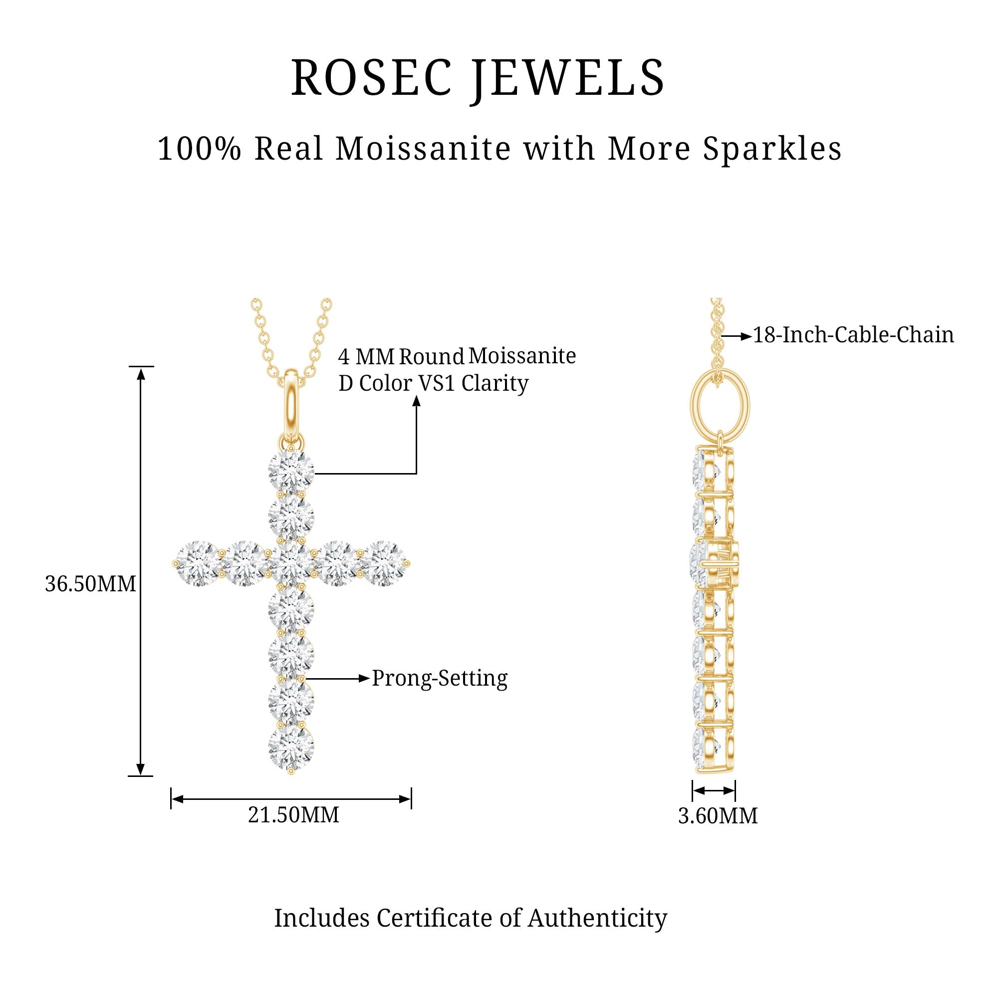 Moissanite Cross Pendant | Round Moissanite Stone - Prong Setting Necklace