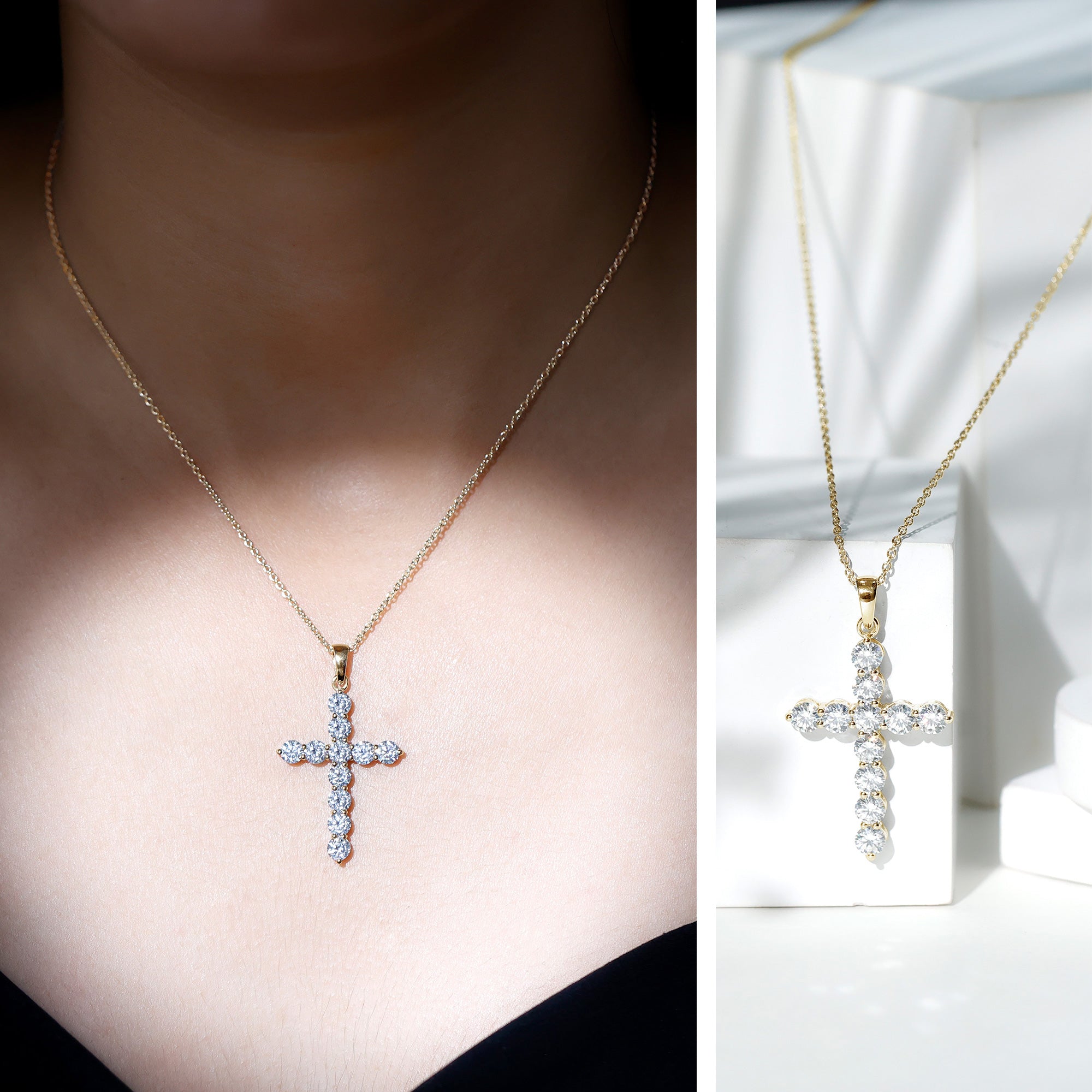 Moissanite Cross Pendant | Round Moissanite Stone - Prong Setting Necklace