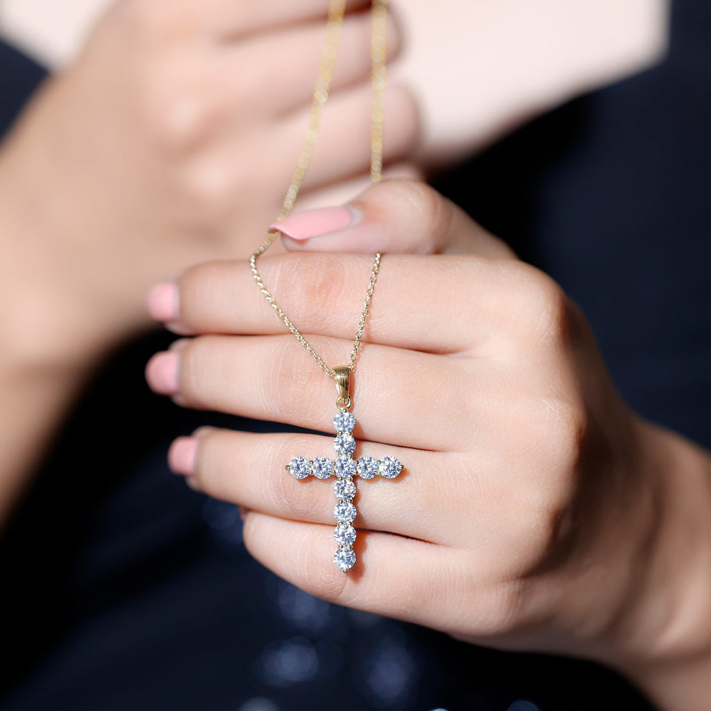 Moissanite Cross Pendant | Round Moissanite Stone - Prong Setting Necklace
