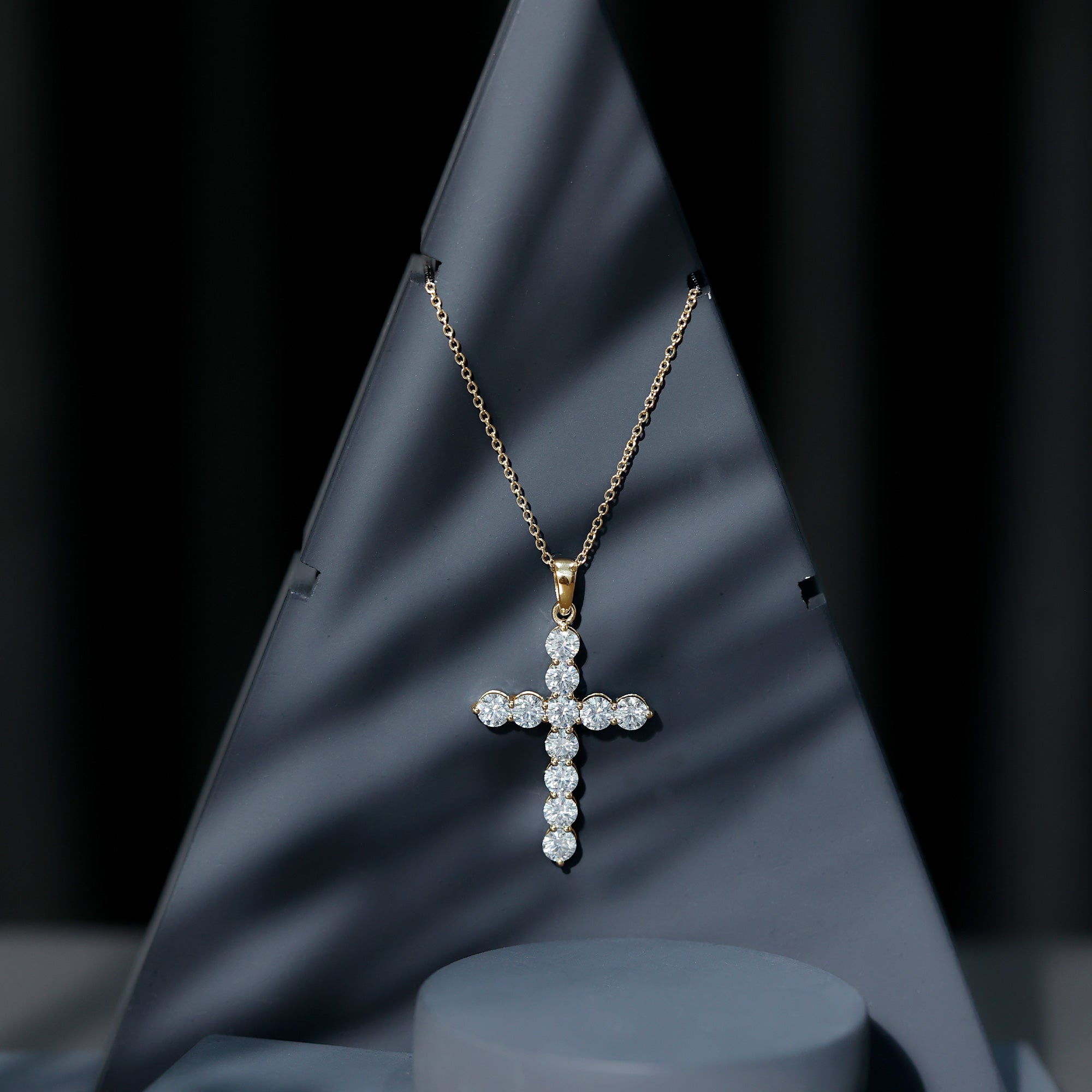 Moissanite Cross Pendant | Round Moissanite Stone - Prong Setting Necklace