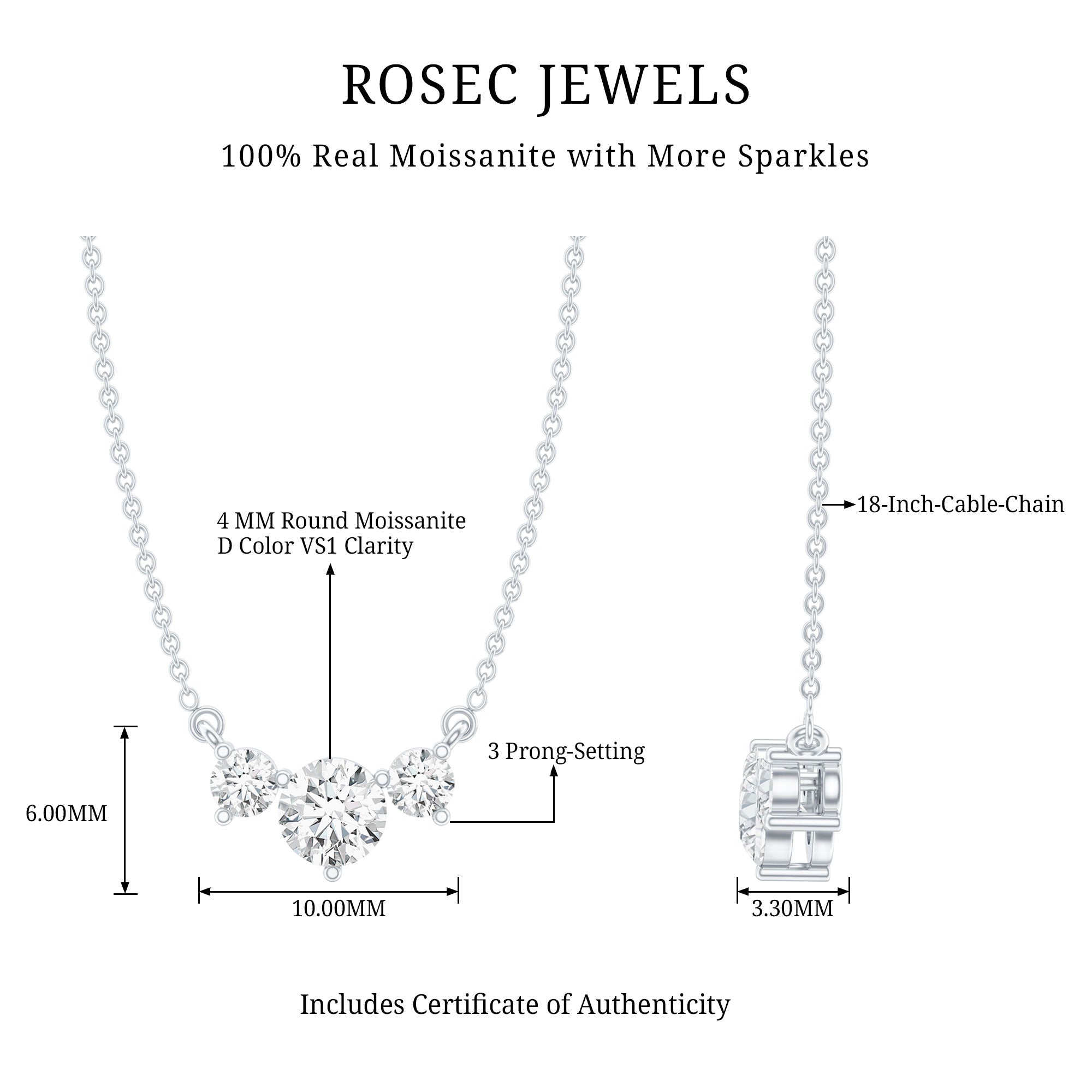Moissanite Three Stone Necklace - Stackable Pendant With Round Cut D-VS1 Stones