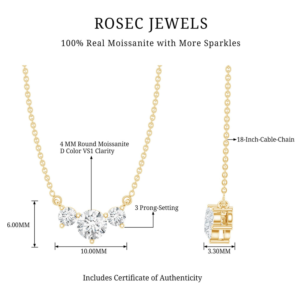 Moissanite Three Stone Necklace - Stackable Pendant With Round Cut D-VS1 Stones