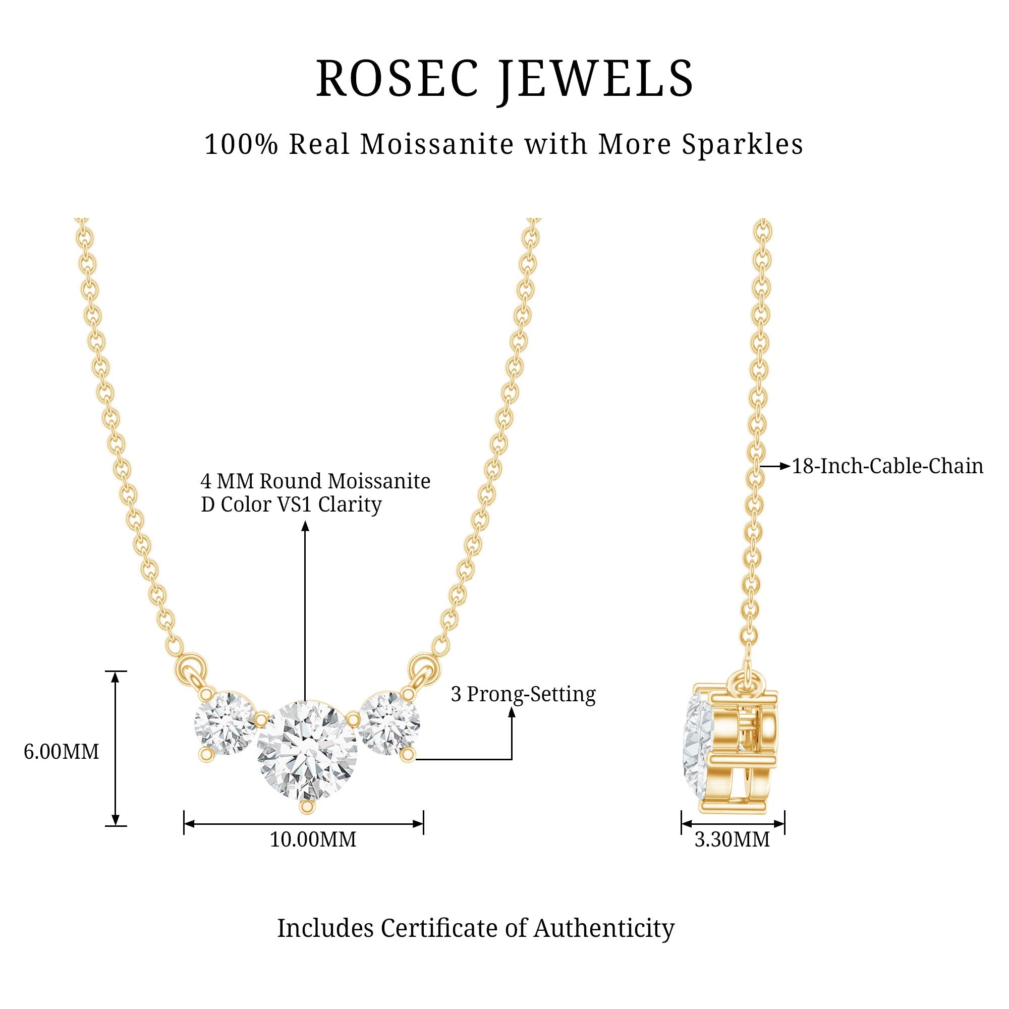 Moissanite Three Stone Necklace - Stackable Pendant With Round Cut D-VS1 Stones