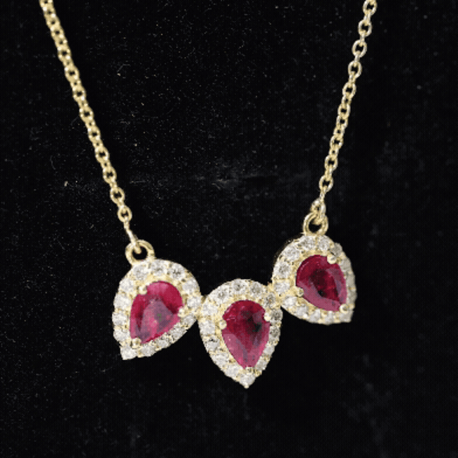 Lab Created Ruby Necklace – Three Stone Pear Cut Ruby with Moissanite Halo