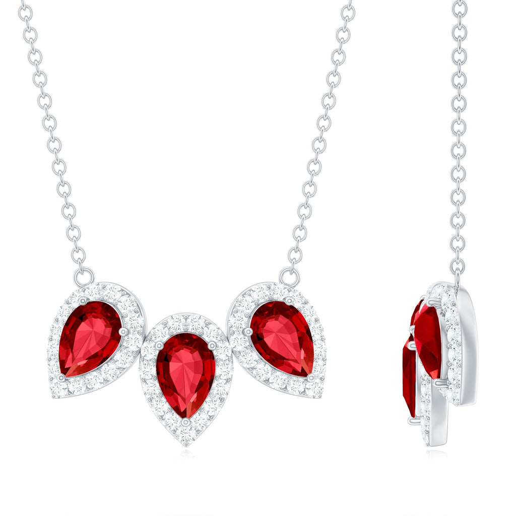 Lab Created Ruby Necklace – Three Stone Pear Cut Ruby with Moissanite Halo