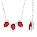 Lab Created Ruby Necklace – Three Stone Pear Cut Ruby with Moissanite Halo