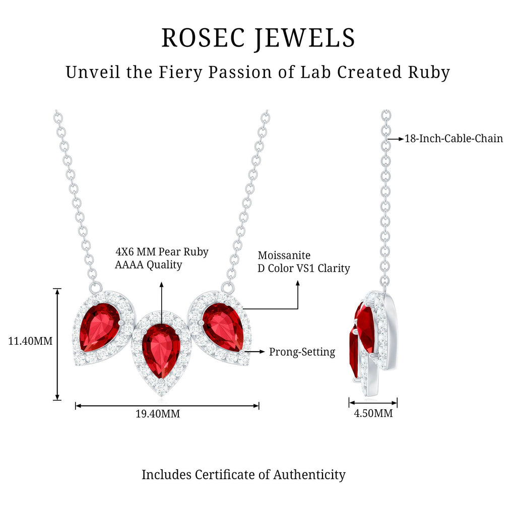 Lab Created Ruby Necklace – Three Stone Pear Cut Ruby with Moissanite Halo