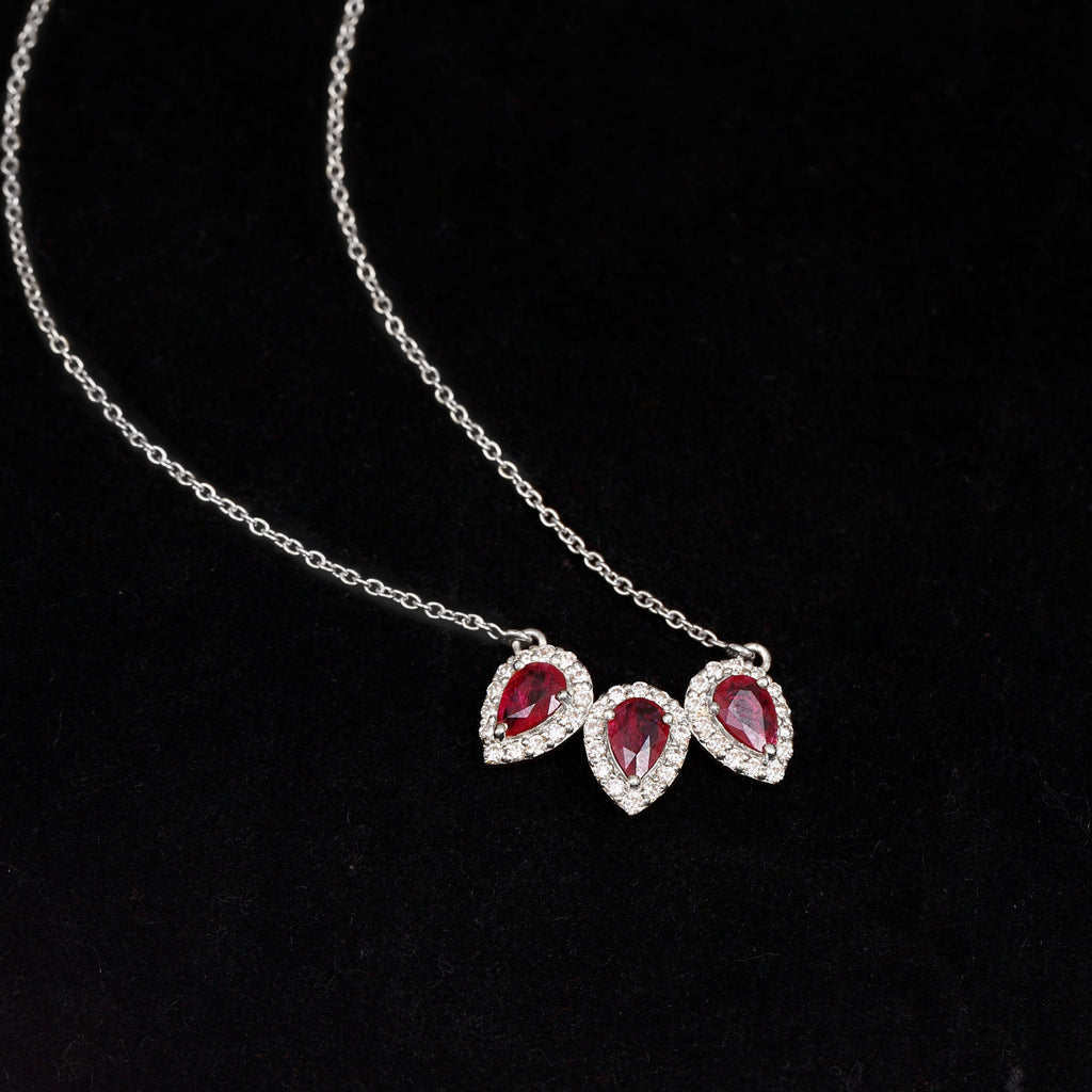 Lab Created Ruby Necklace – Three Stone Pear Cut Ruby with Moissanite Halo