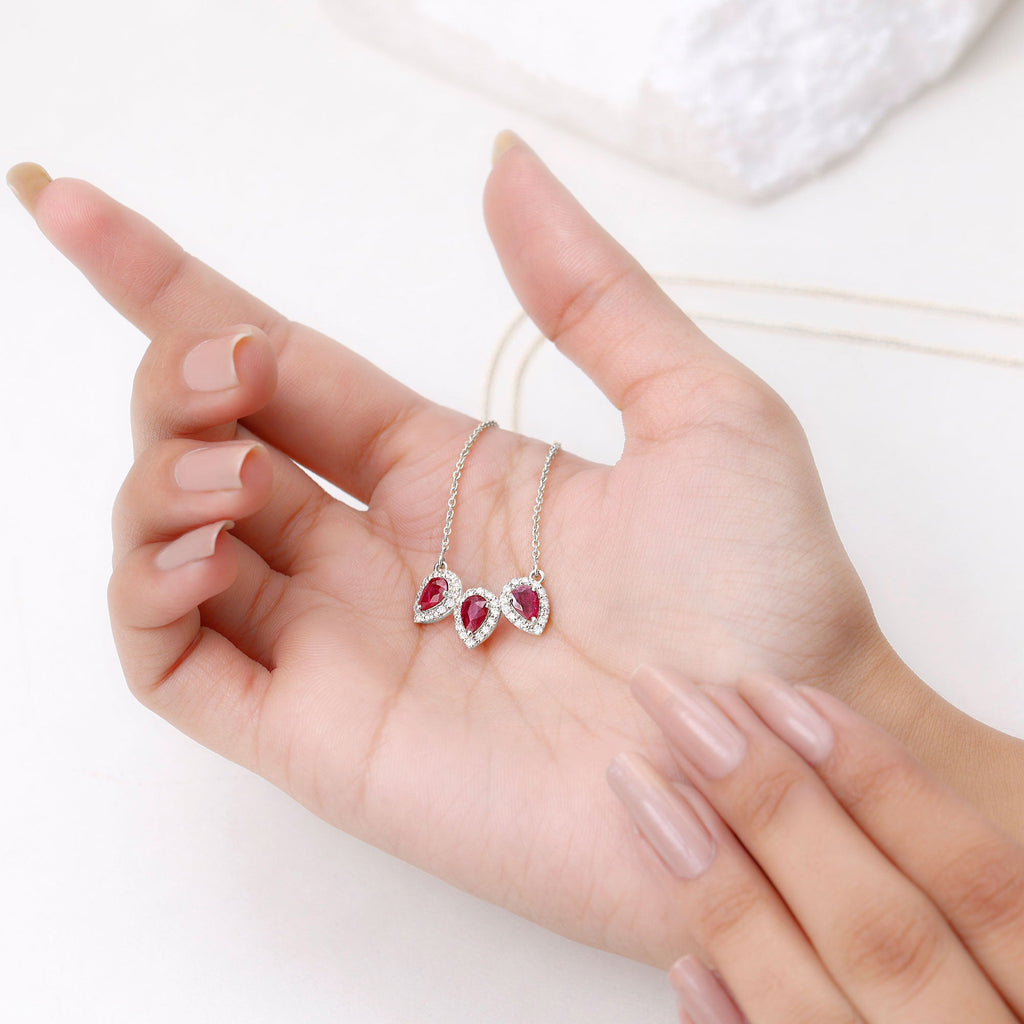 Lab Created Ruby Necklace – Three Stone Pear Cut Ruby with Moissanite Halo