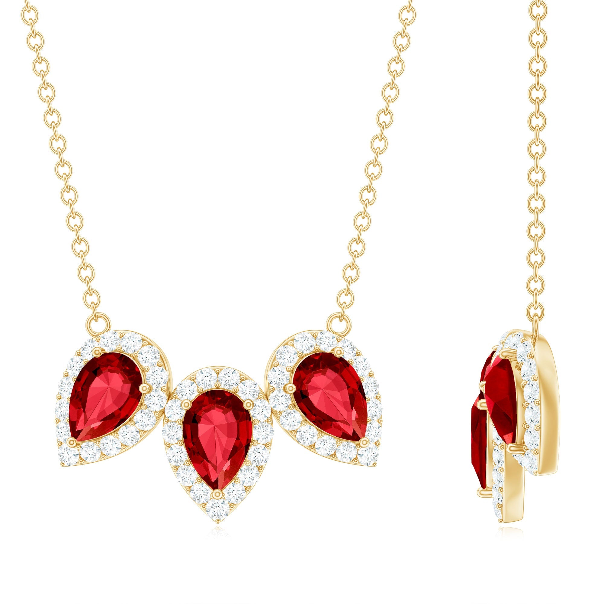Lab Created Ruby Necklace – Three Stone Pear Cut Ruby with Moissanite Halo
