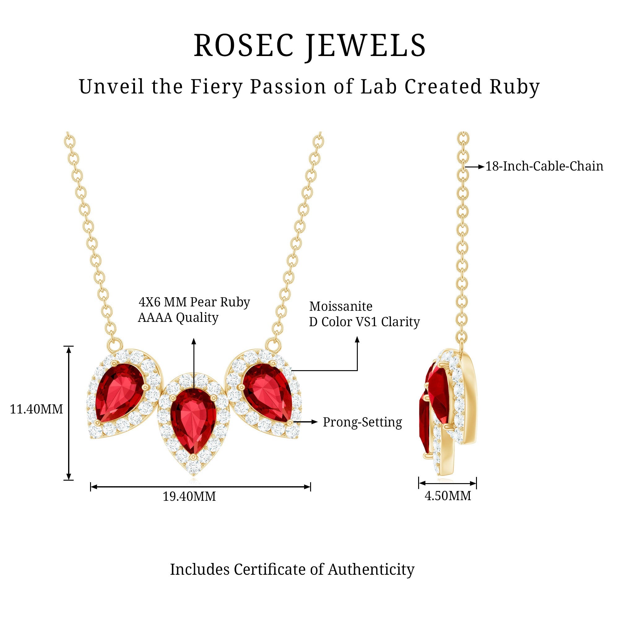 Lab Created Ruby Necklace – Three Stone Pear Cut Ruby with Moissanite Halo