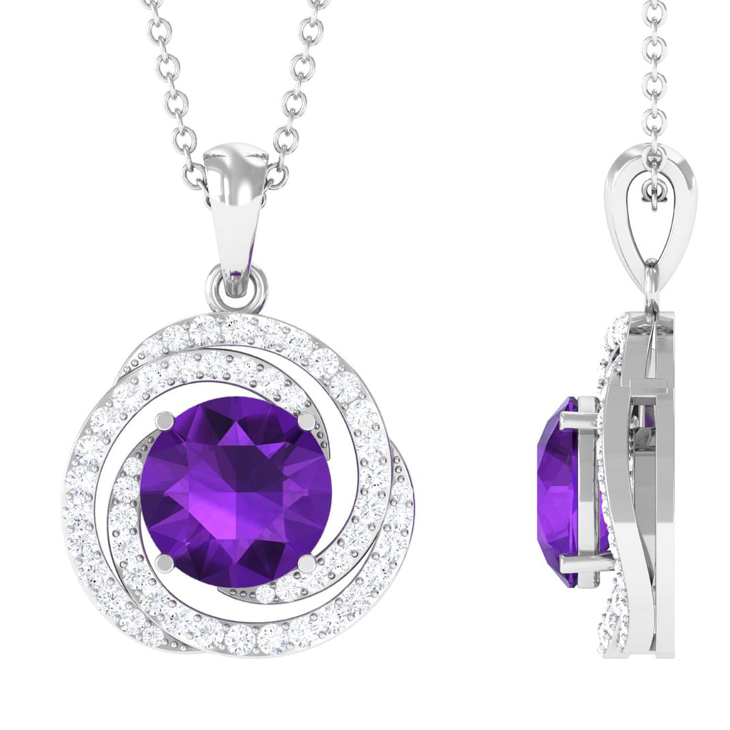 Amethyst Pendant Necklace - Diamond Swirl Necklace With 7mm Purple Gemstone