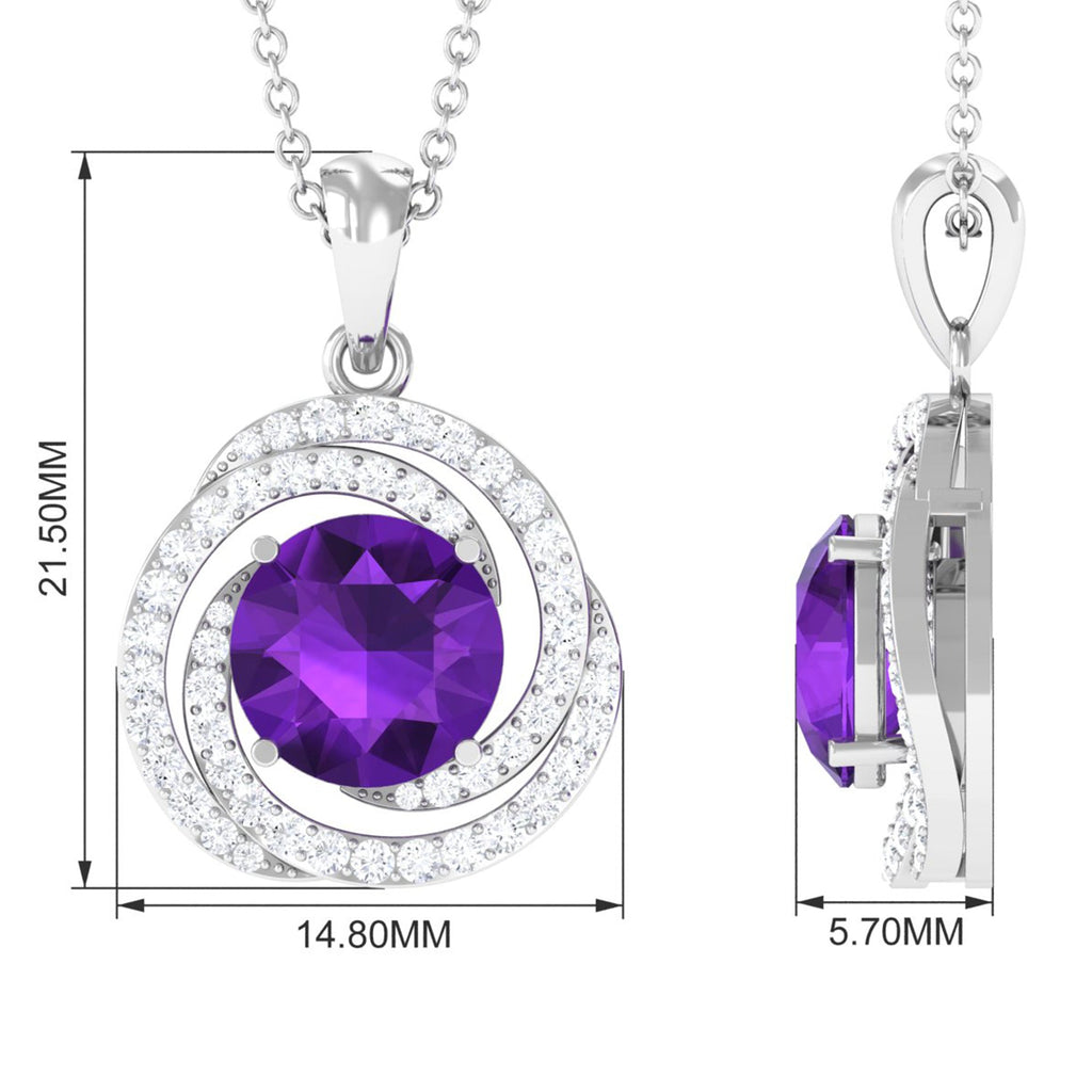 Amethyst Pendant Necklace - Diamond Swirl Necklace With 7mm Purple Gemstone
