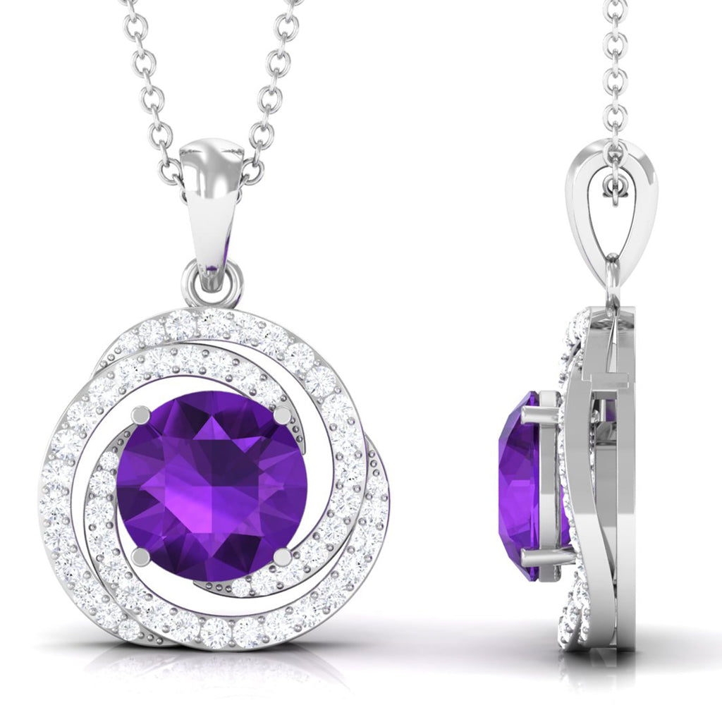 Amethyst Pendant Necklace - Diamond Swirl Necklace With 7mm Purple Gemstone