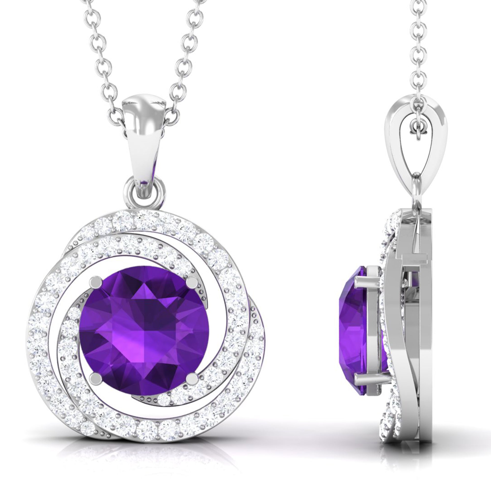 Amethyst Pendant Necklace - Diamond Swirl Necklace With 7mm Purple Gemstone