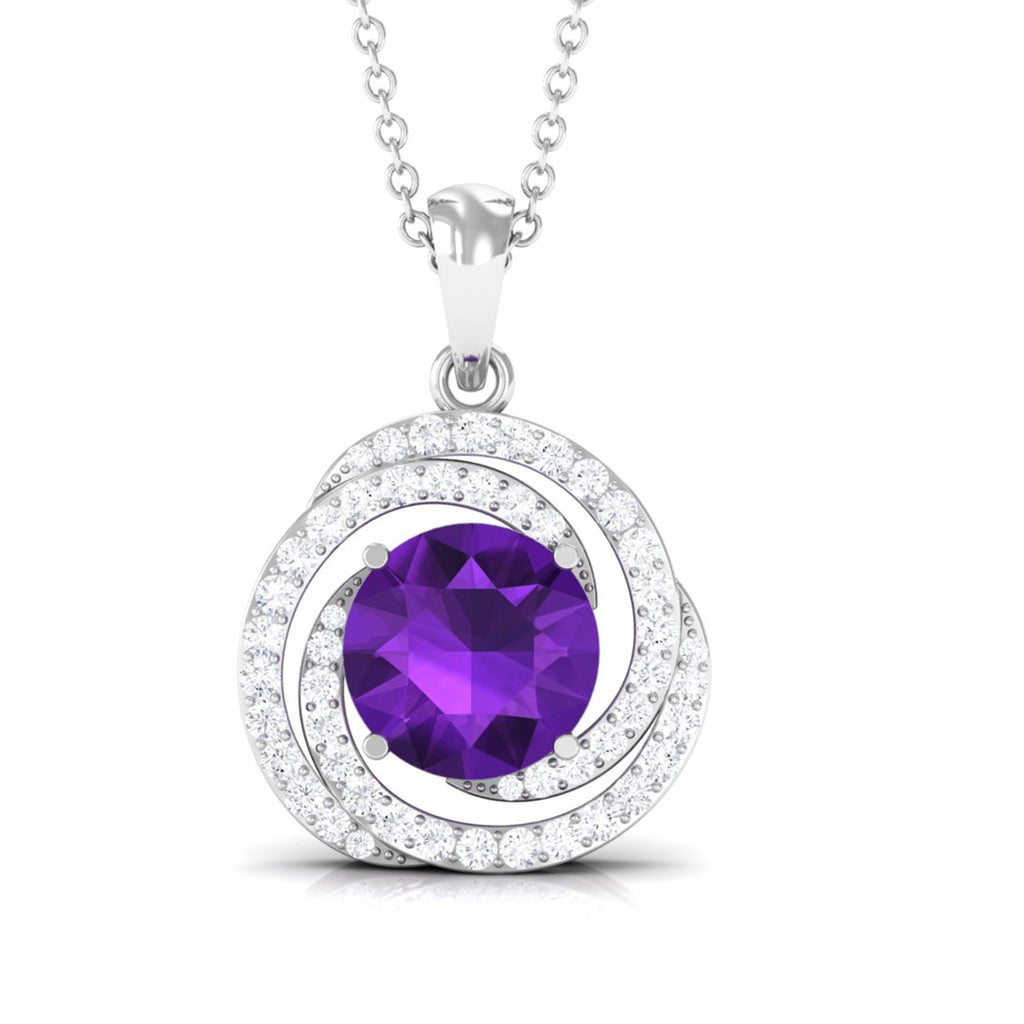 Amethyst Pendant Necklace - Diamond Swirl Necklace With 7mm Purple Gemstone