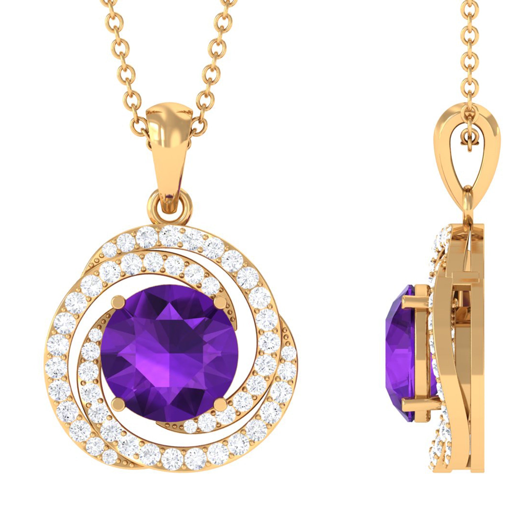 Amethyst Pendant Necklace - Diamond Swirl Necklace With 7mm Purple Gemstone