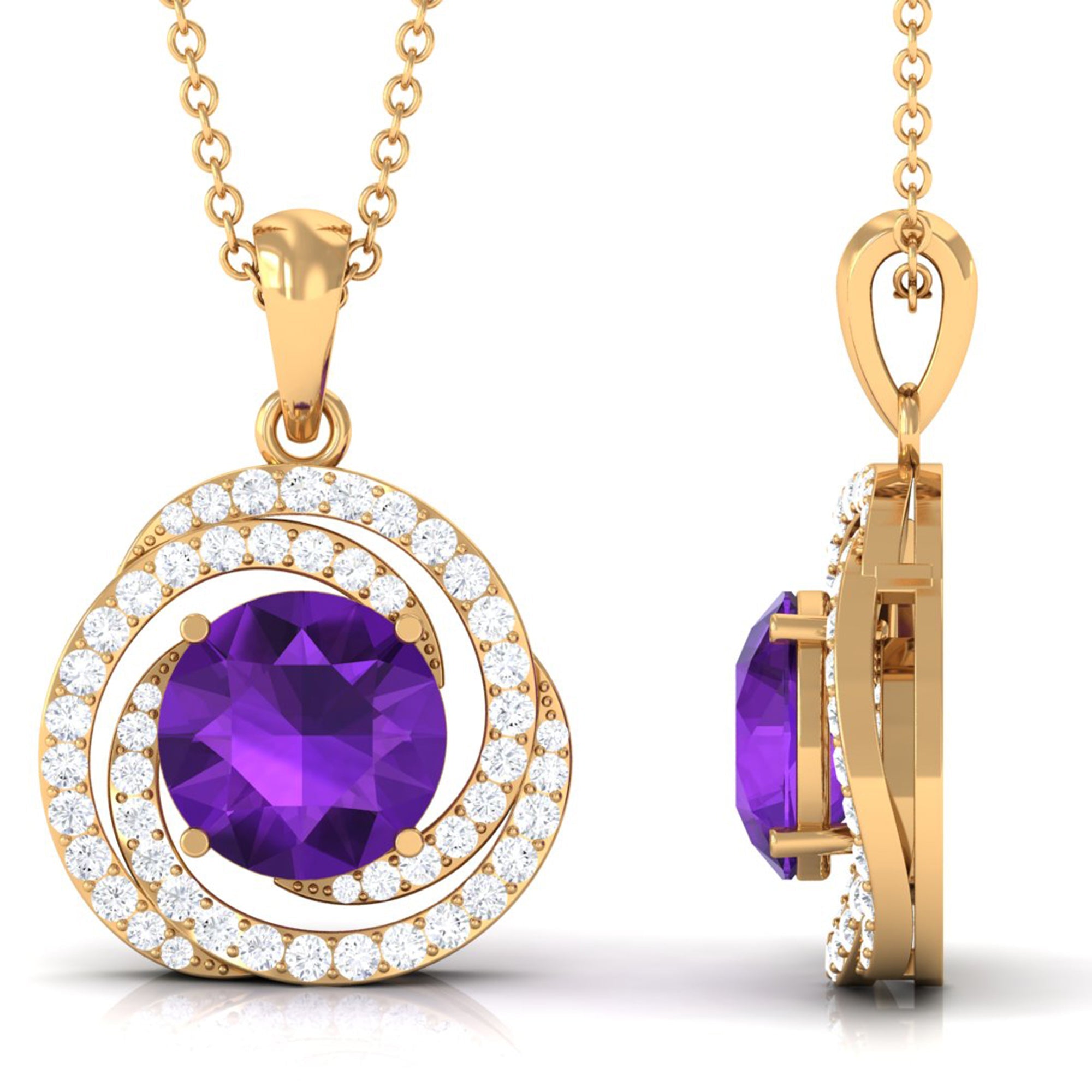 Amethyst Pendant Necklace - Diamond Swirl Necklace With 7mm Purple Gemstone