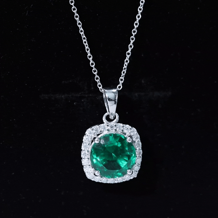 Lab Created Emerald Necklace – 3.5 Carat Round Cut Diamond Halo Pendant