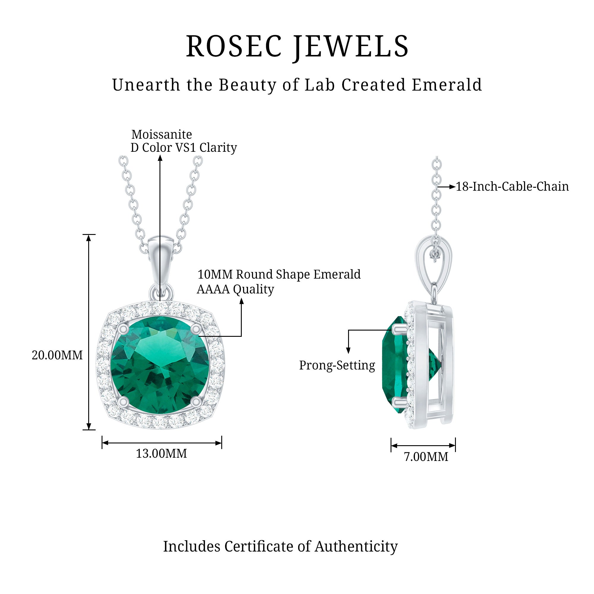 Lab Created Emerald Necklace – 3.5 Carat Round Cut Diamond Halo Pendant