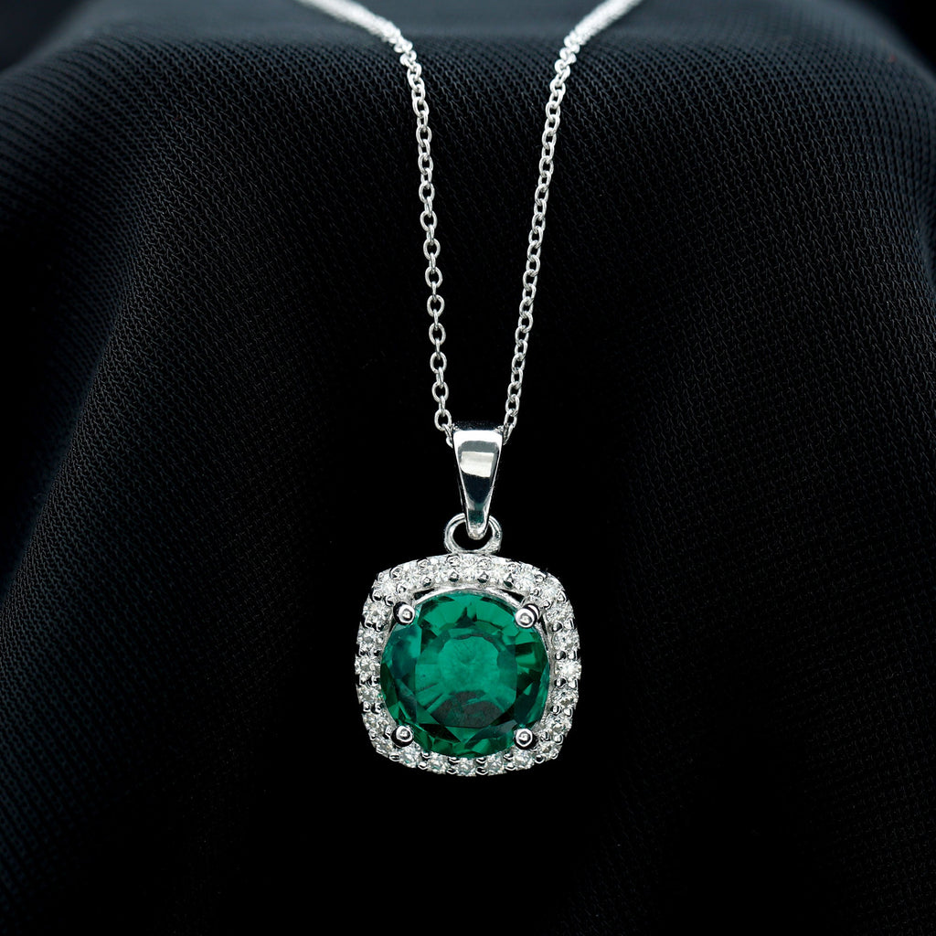 Lab Created Emerald Necklace – 3.5 Carat Round Cut Diamond Halo Pendant