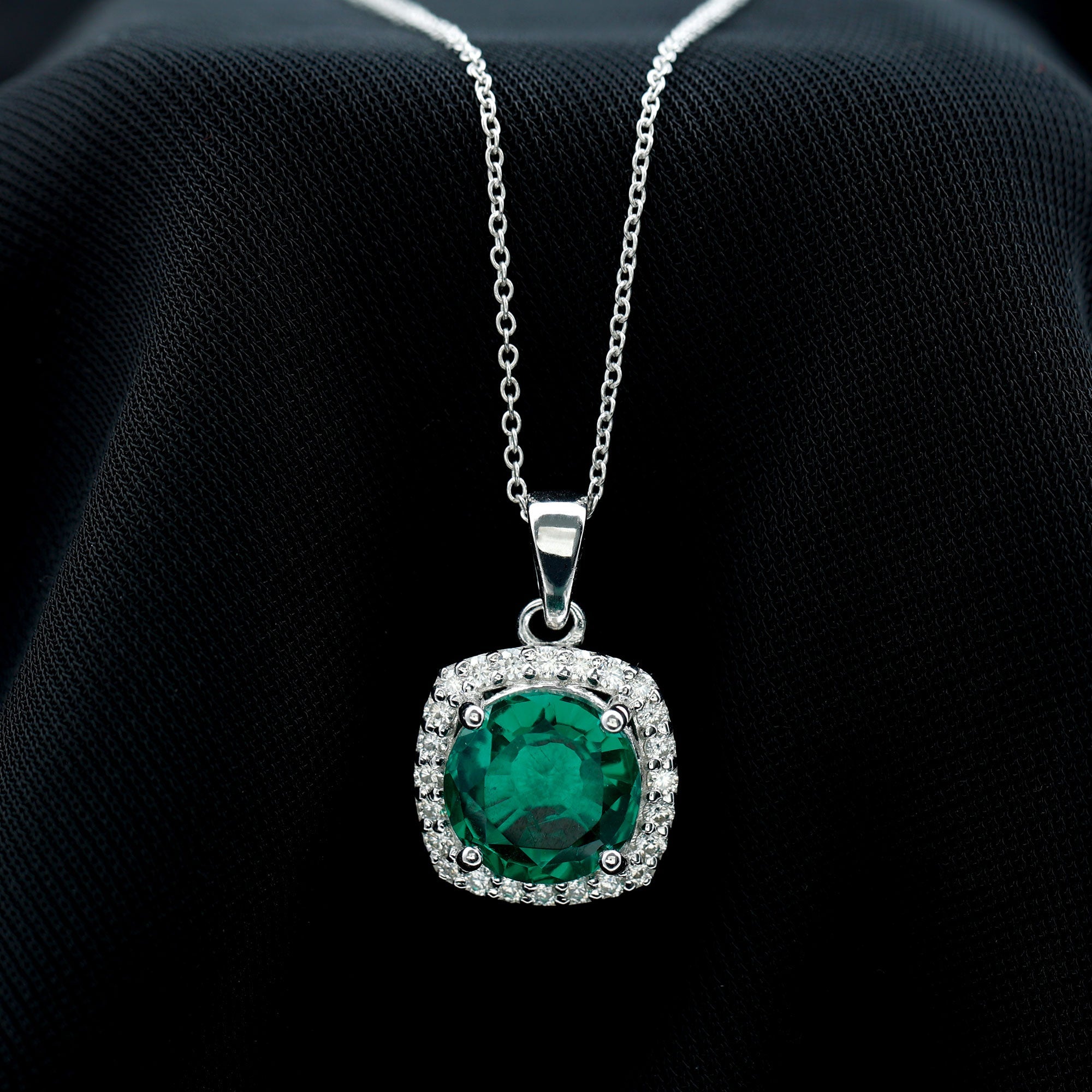 Lab Created Emerald Necklace – 3.5 Carat Round Cut Diamond Halo Pendant