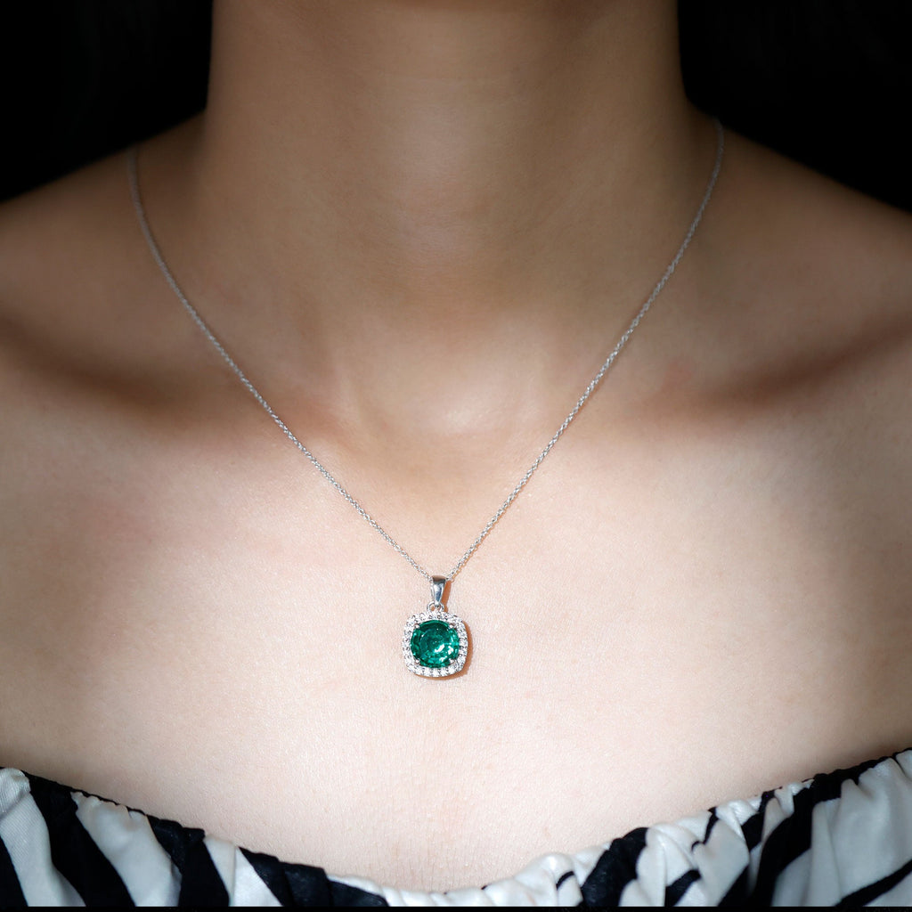 Lab Created Emerald Necklace – 3.5 Carat Round Cut Diamond Halo Pendant