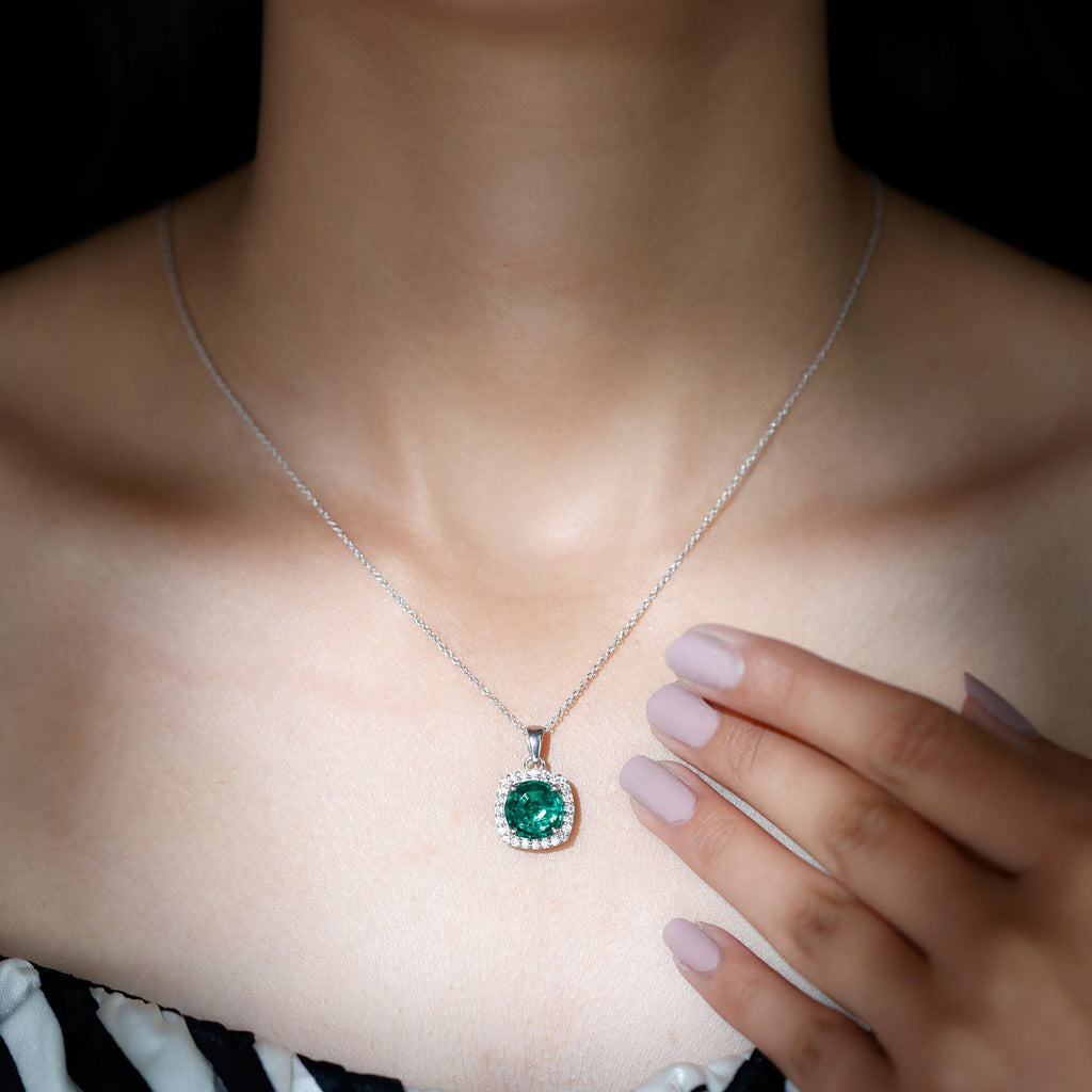 Lab Created Emerald Necklace – 3.5 Carat Round Cut Diamond Halo Pendant