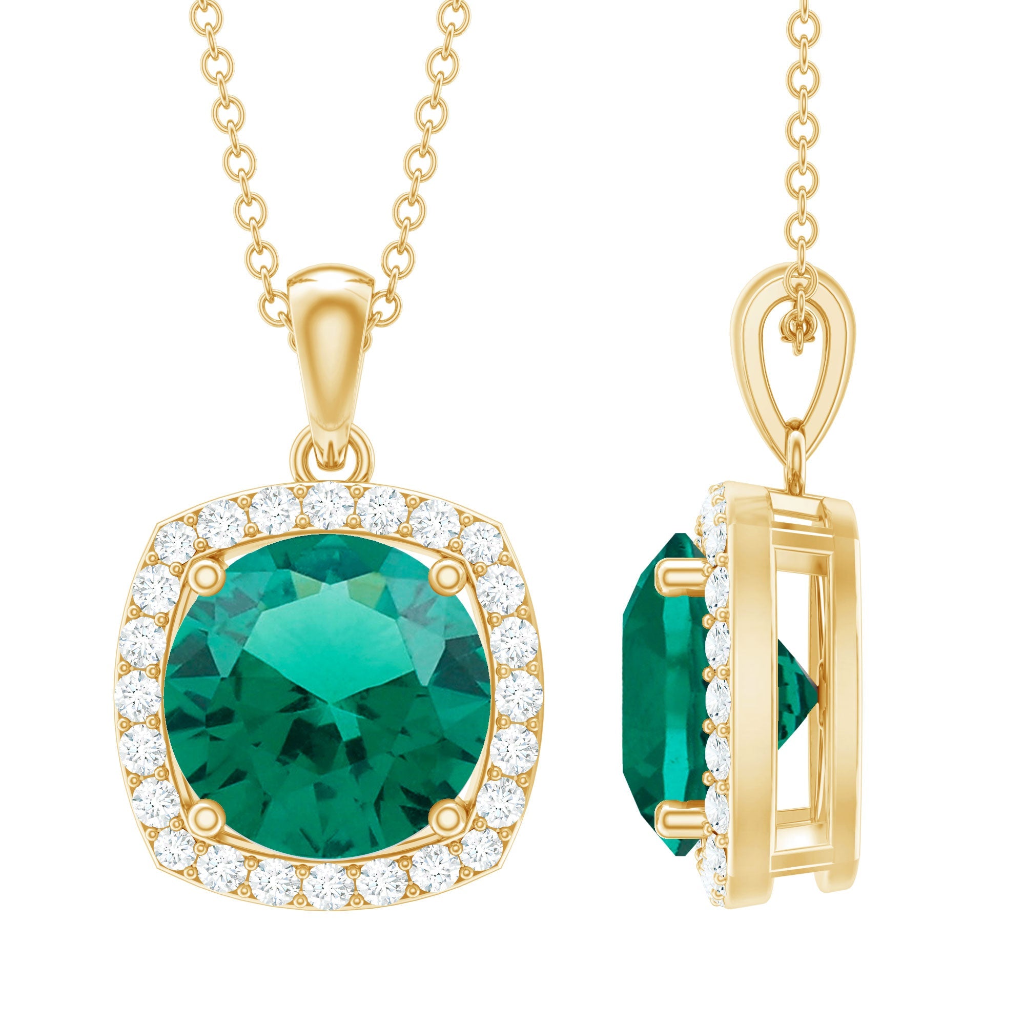 Lab Created Emerald Necklace – 3.5 Carat Round Cut Diamond Halo Pendant
