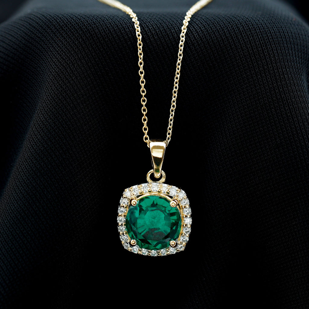 Lab Created Emerald Necklace – 3.5 Carat Round Cut Diamond Halo Pendant