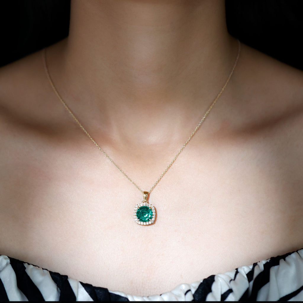 Lab Created Emerald Necklace – 3.5 Carat Round Cut Diamond Halo Pendant