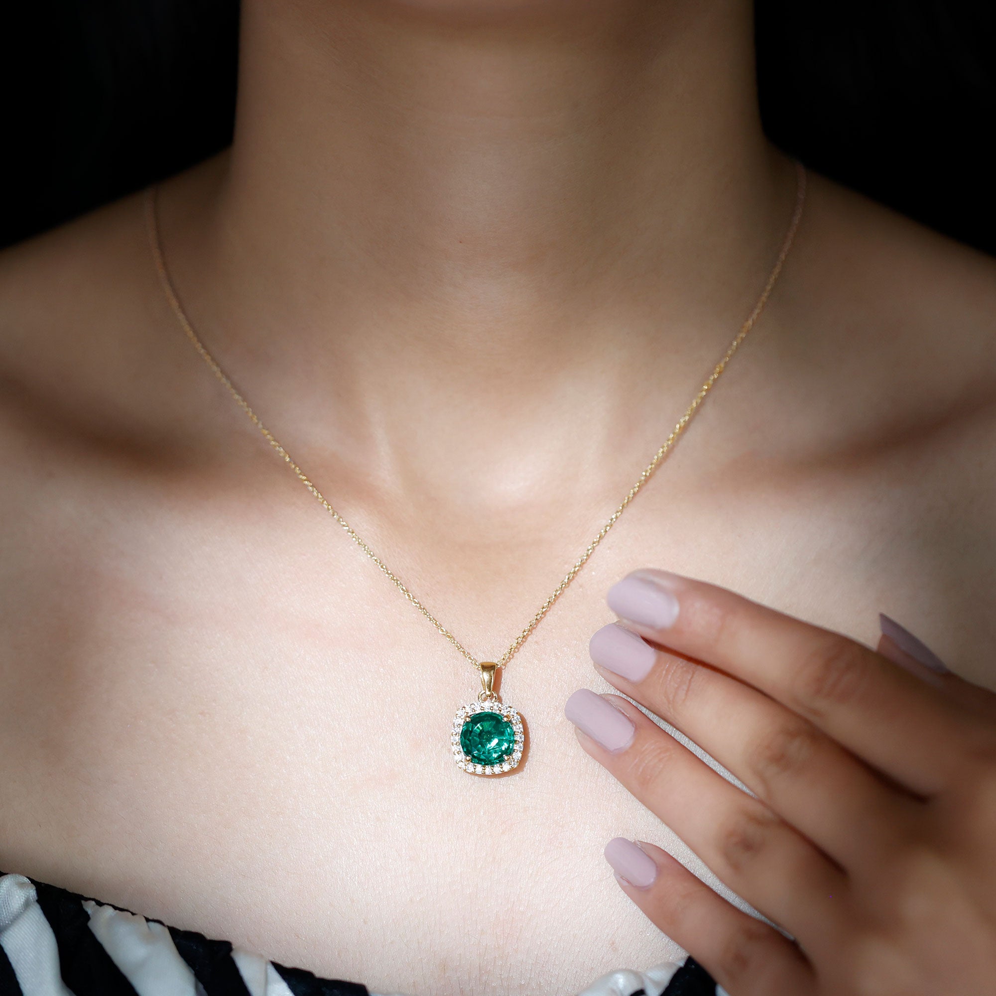 Lab Created Emerald Necklace – 3.5 Carat Round Cut Diamond Halo Pendant