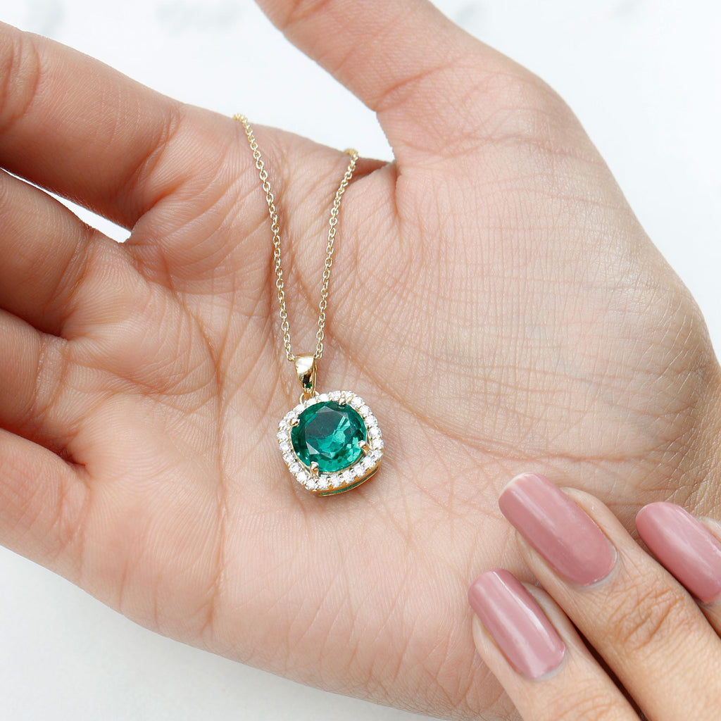 Lab Created Emerald Necklace – 3.5 Carat Round Cut Diamond Halo Pendant