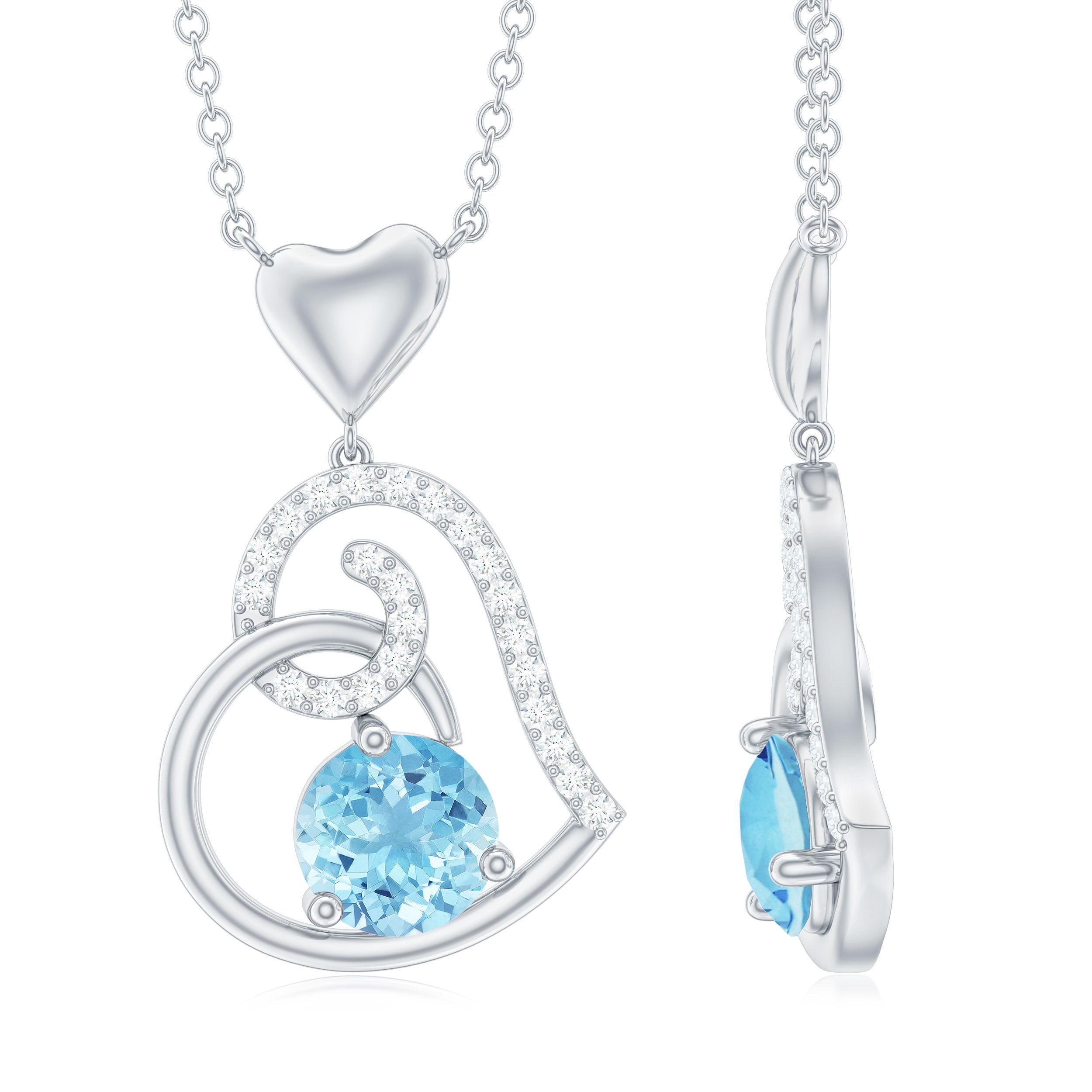 Aquamarine Heart Pendant – Solid Gold Solitaire with Diamond Prong Setting