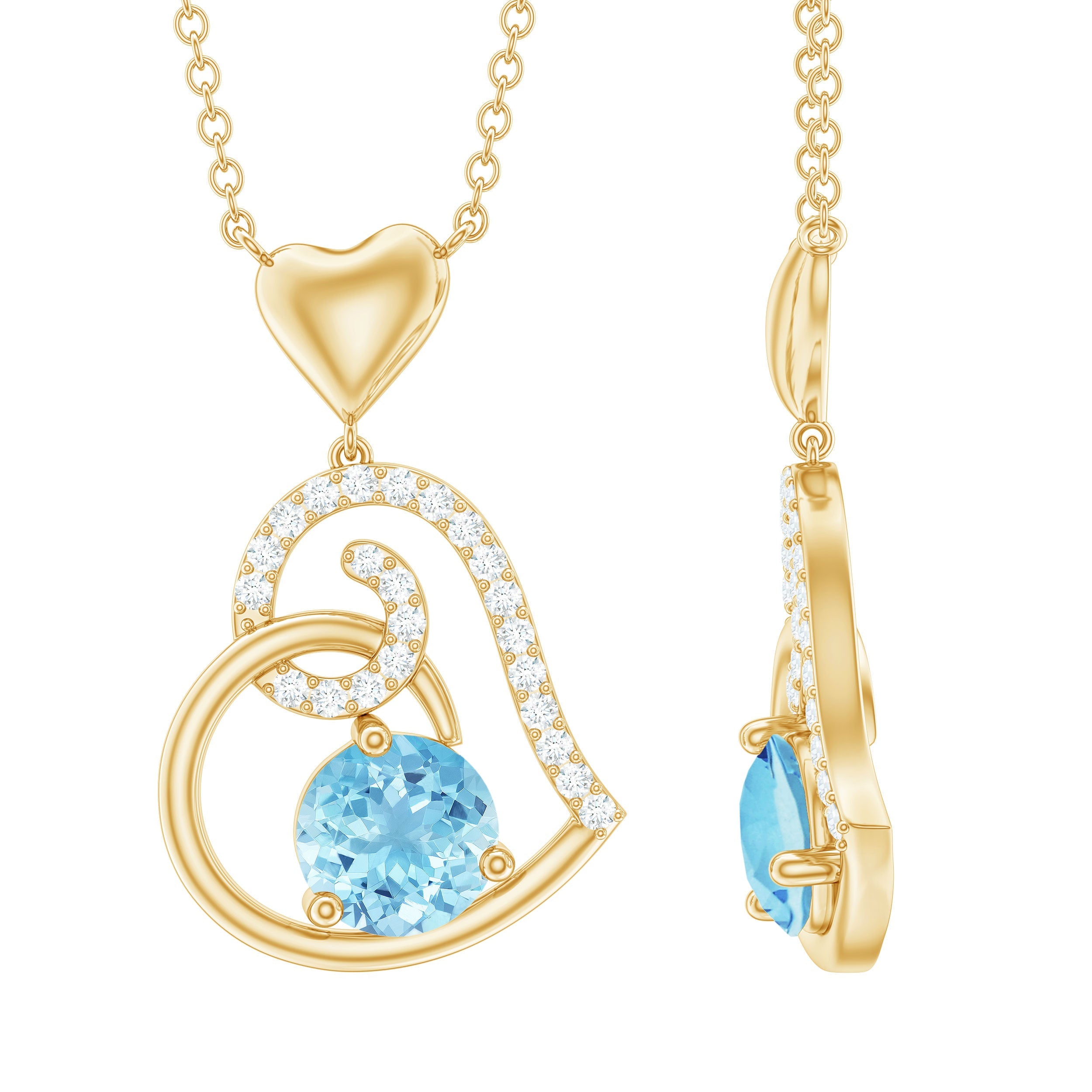 Aquamarine Heart Pendant – Solid Gold Solitaire with Diamond Prong Setting