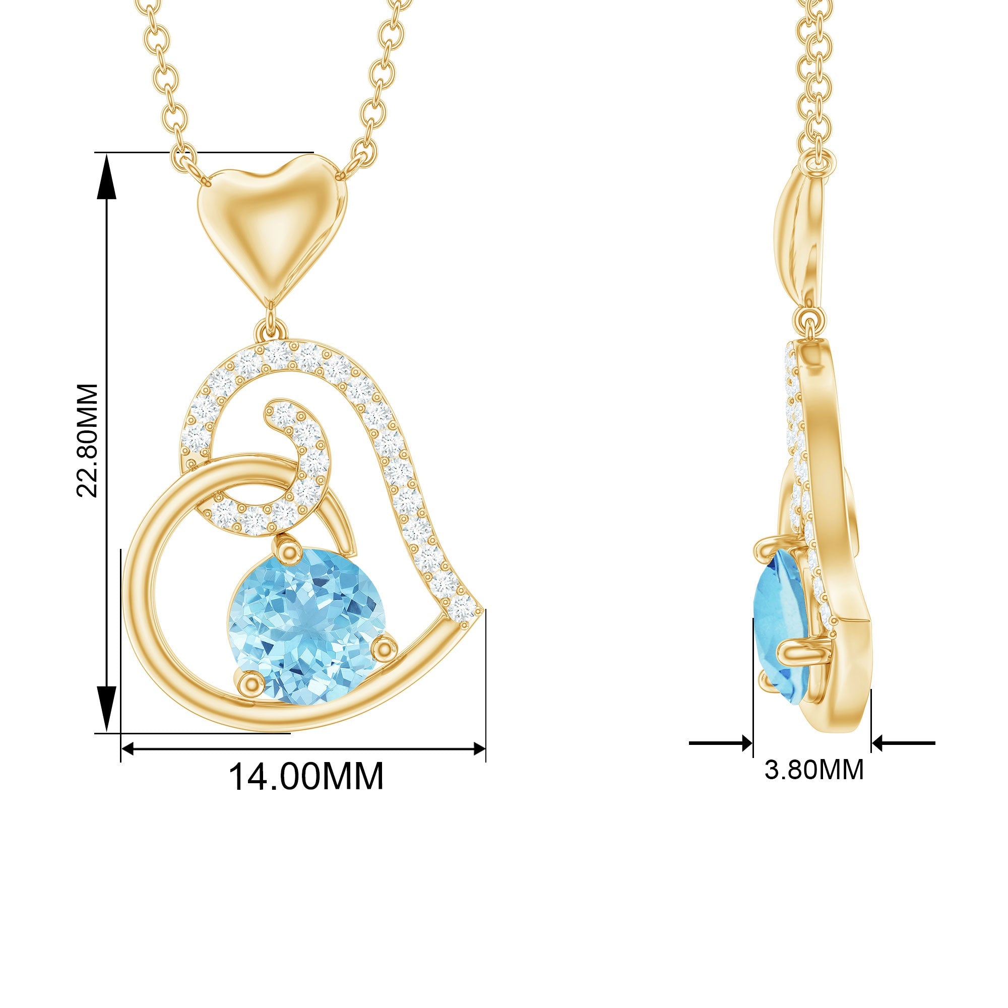 Aquamarine Heart Pendant – Solid Gold Solitaire with Diamond Prong Setting